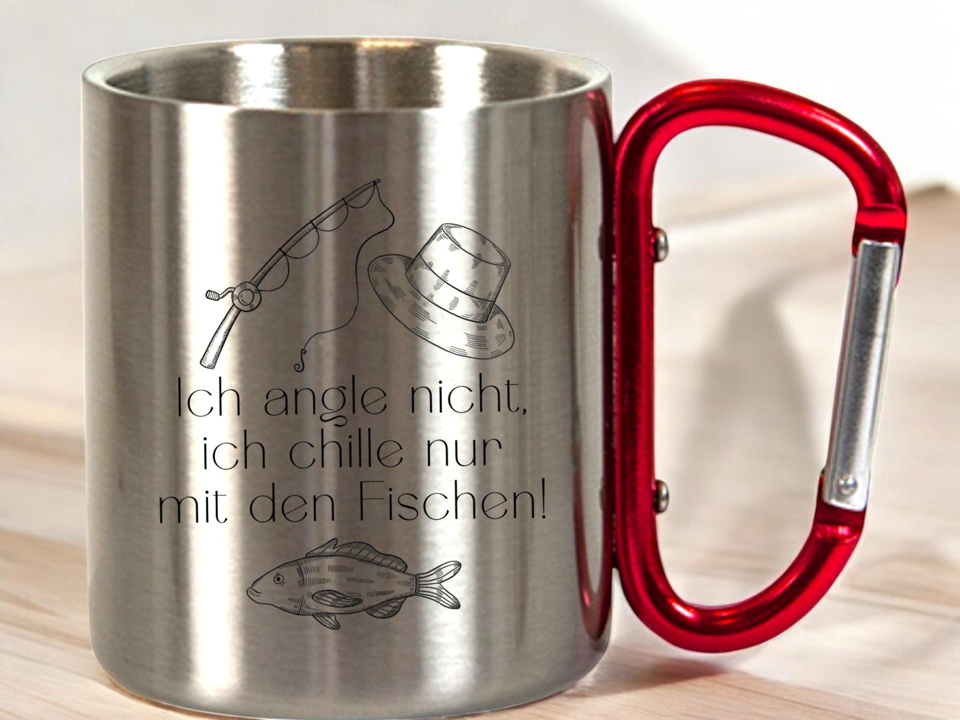 Becher Angler Spruch, Karabinergriff, Edelstahl, Geschenk für Angler, personalisiert mit Namen Art.-Nr. KER-0108_1