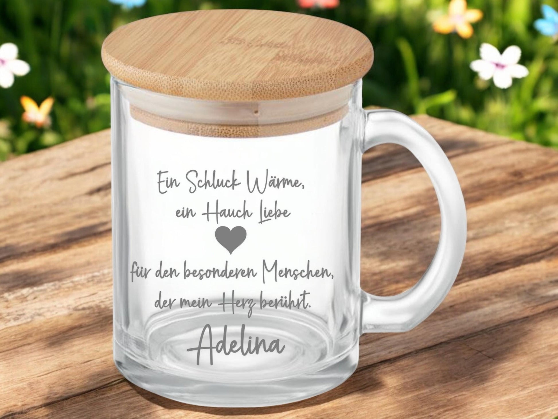 Teeglas mit Deckel aus Bambus, graviert, Wunschname, Geschenk für Teetrinker, robust, Spülmaschinenfest, unterwegs, einfühlsamer Spruch