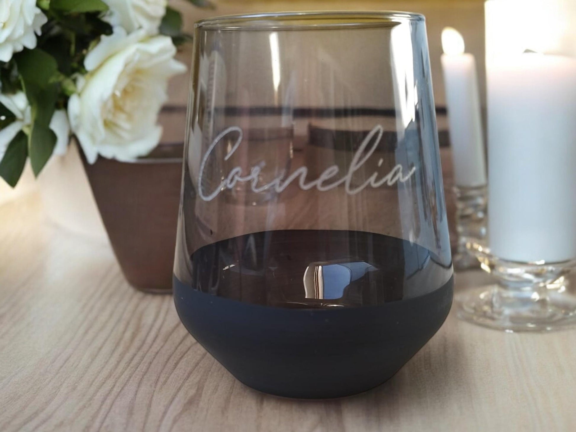 Glas mit Namensgravur, Trinkglas edel als Geschenk für Hochzeit, Liebespaar, beste Freundin, Muttertag, auch als Teelicht nutzbar, stilvoll
