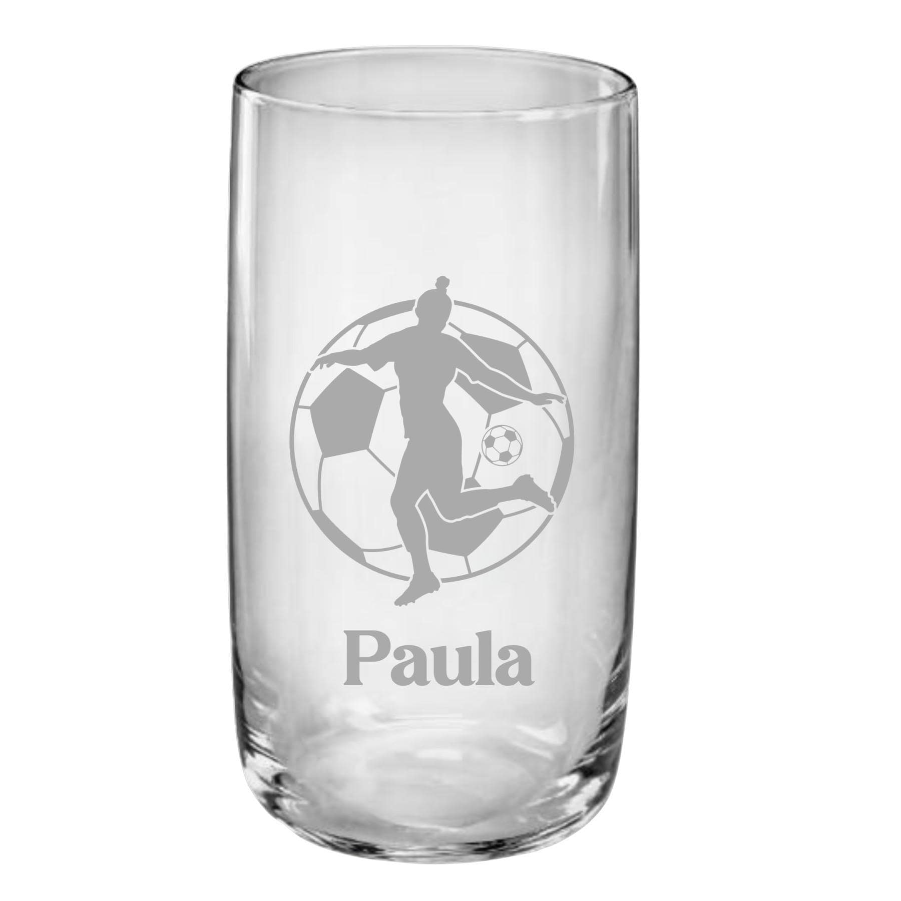 Trinkglas mit Fußball Motiv für Mädchen, graviert, mit Namen personalisiert, Geschenk für kleine oder große Fußballerinnen, ART.-NR. TGFM3
