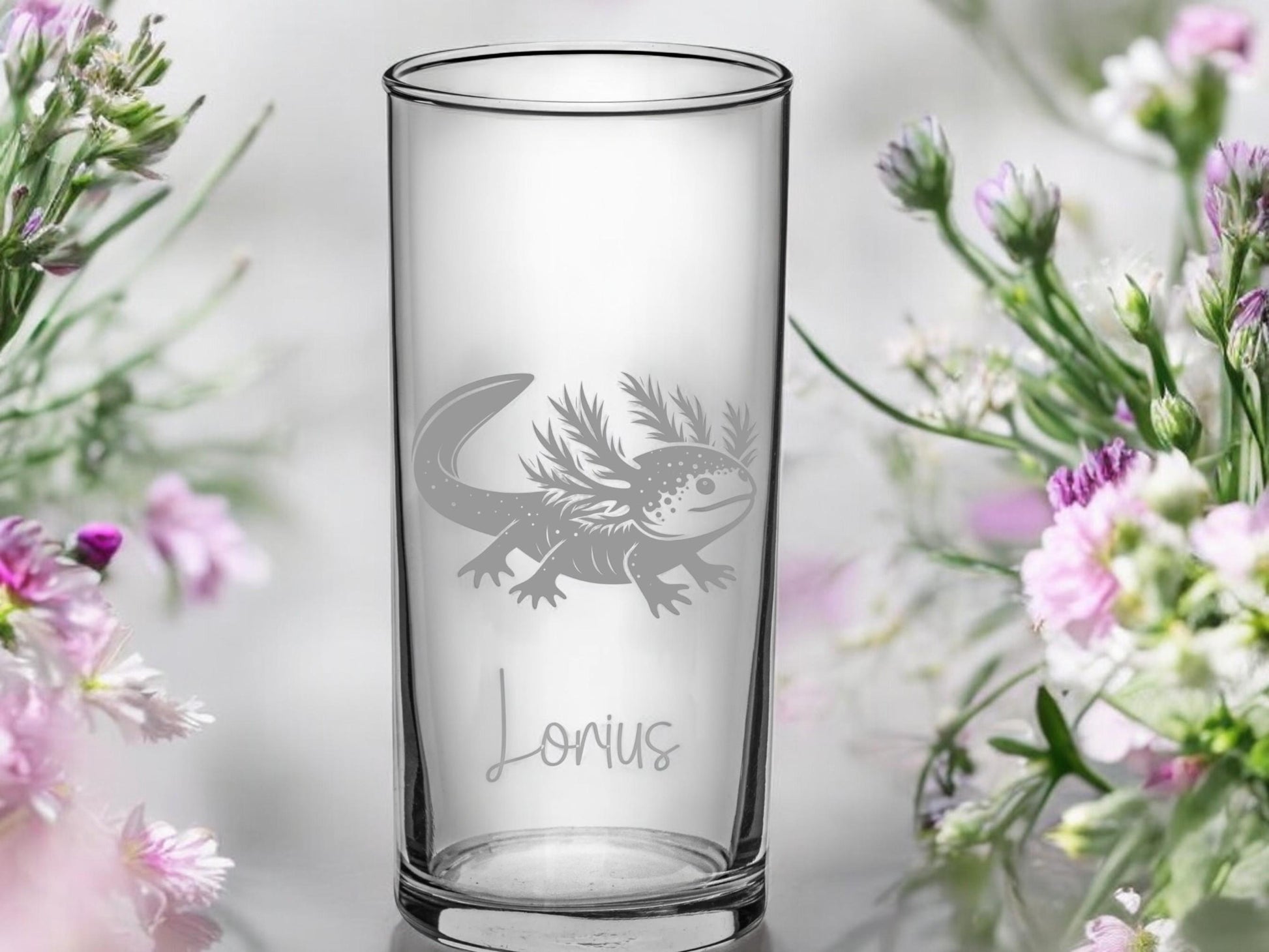 Axolotl Kinder Trinkglas mit Gravur, personalisiert mit Namen, Wunschtext, Wasserglas, graviert, Geschenk, für Axolotl Freunde