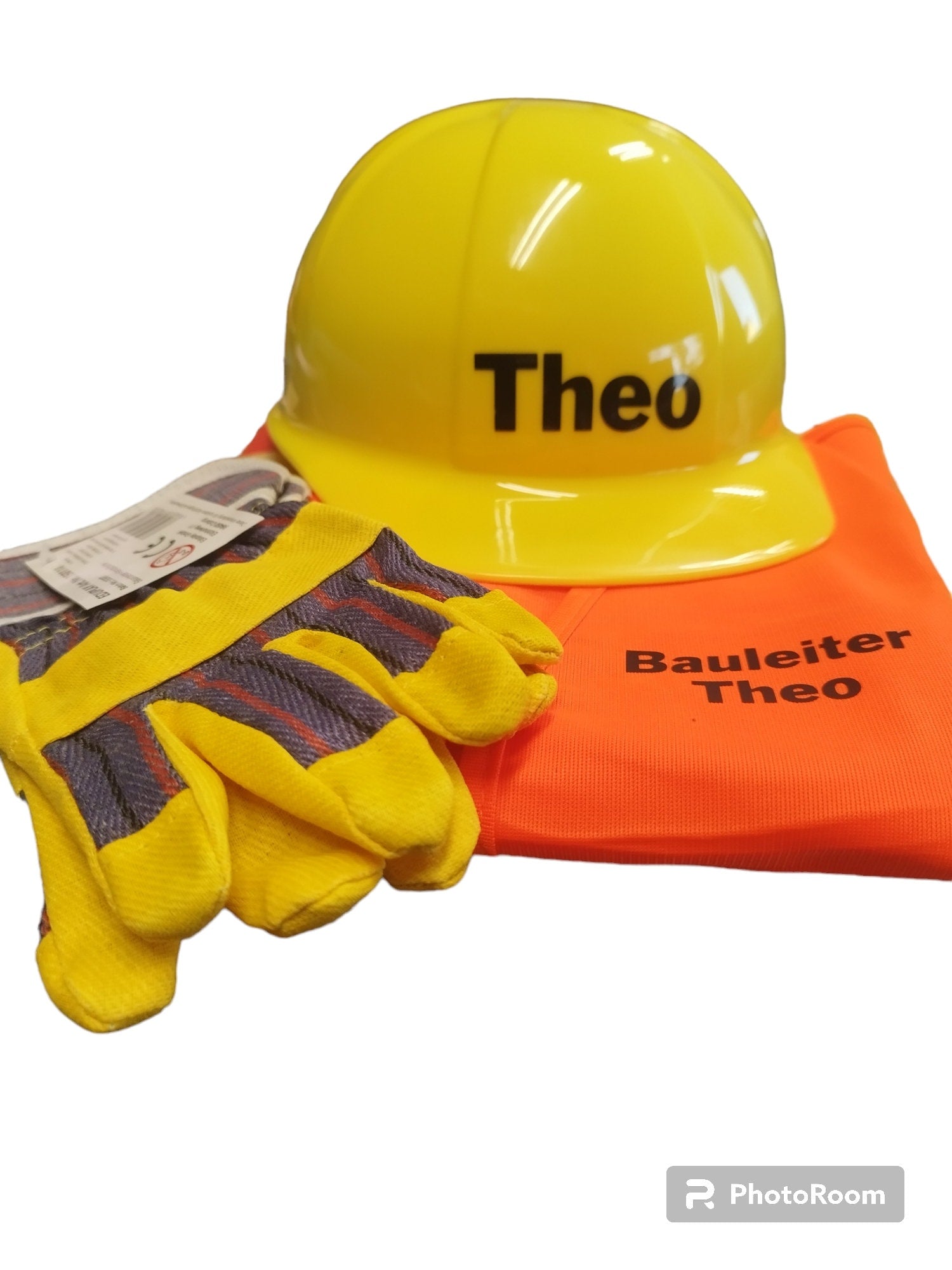 Bauarbeiter Set für Kinder, Rollenspiel, mit Namen, Baustelle, personalisiert auf Wunsch mit Namen, jeder Name mgl., auch einzeln erhältlich