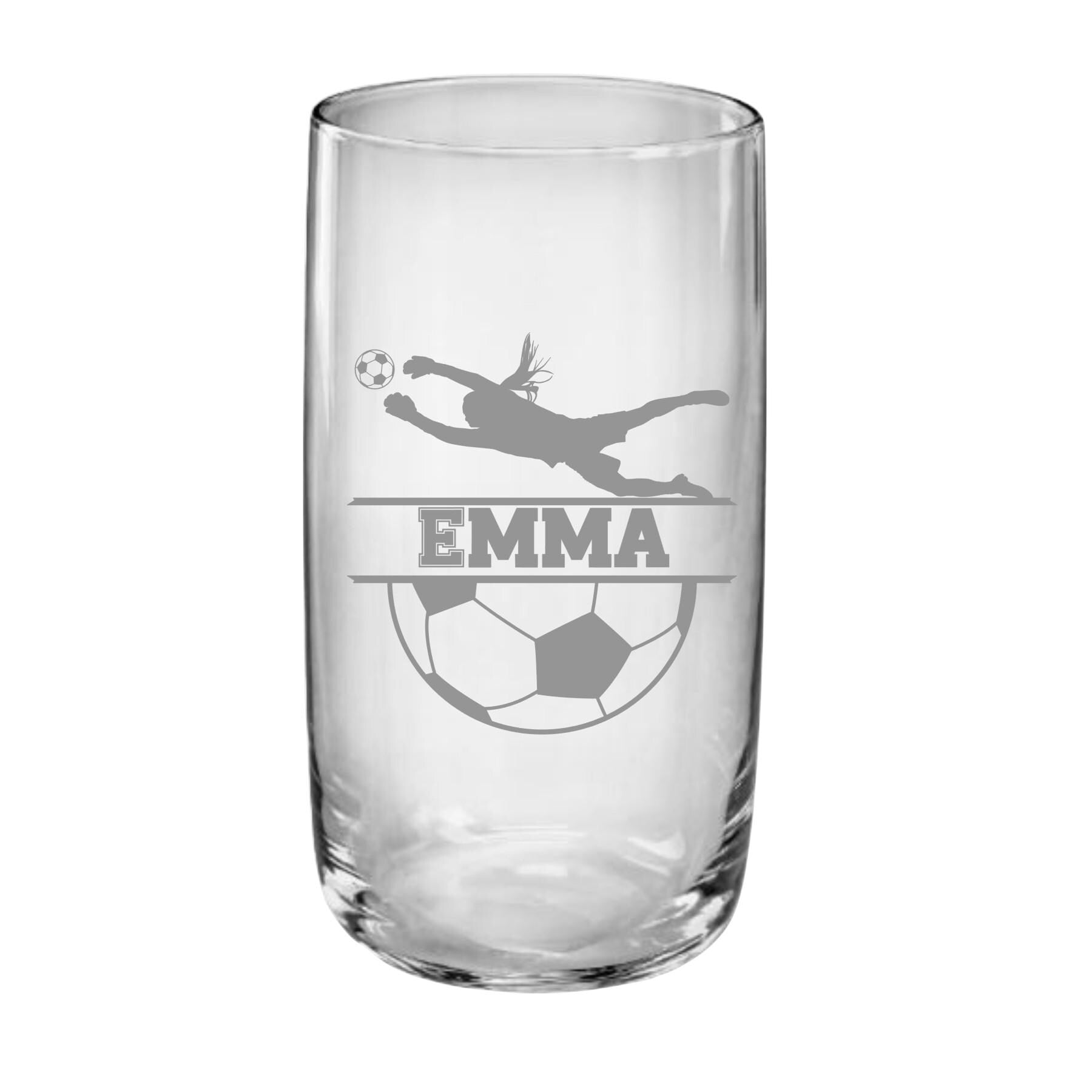 Trinkglas mit Fußball Motiv für Mädchen, graviert, mit Namen personalisiert, Geschenk für kleine oder große Fußballerinnen, ART.-NR. TGFM1
