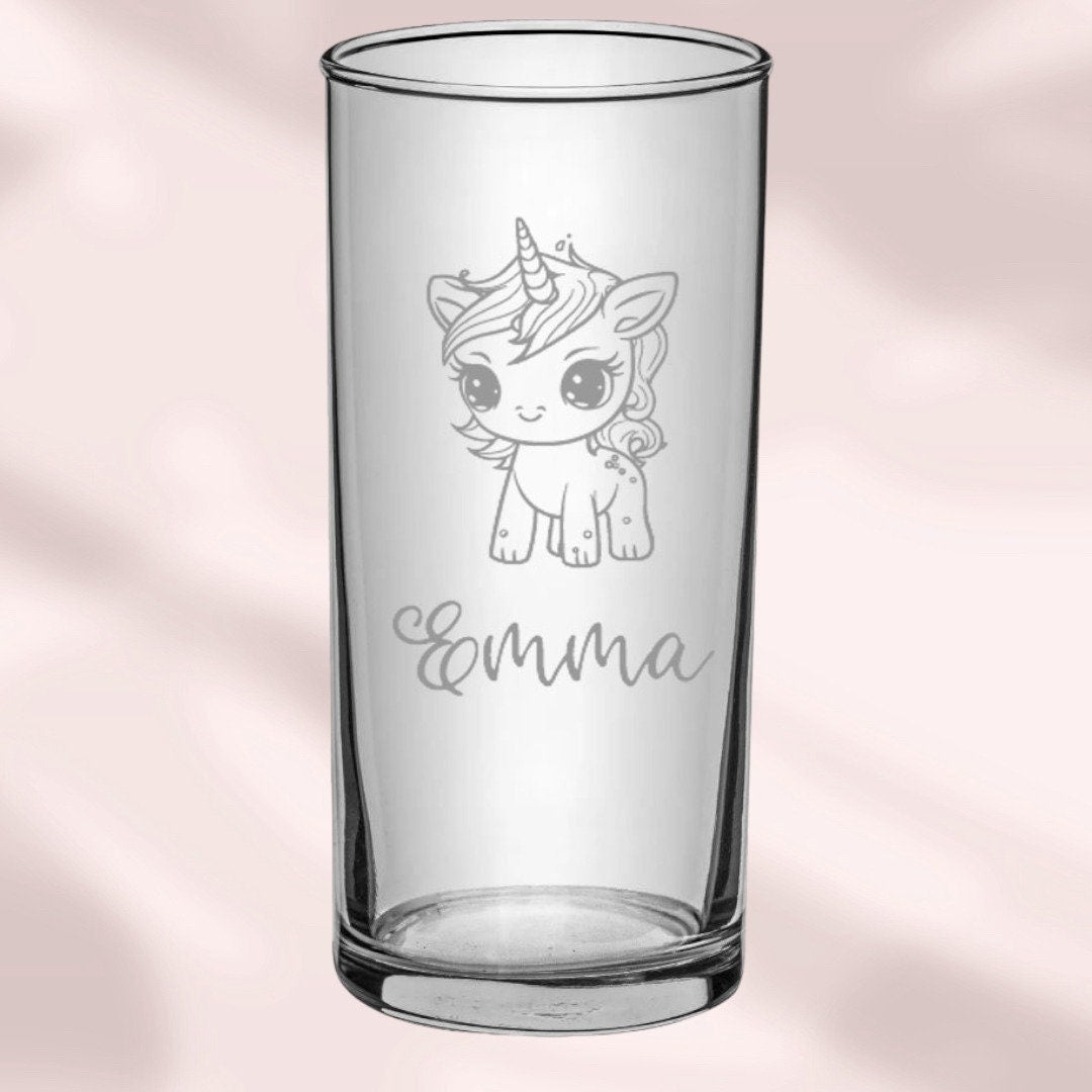Trinkglas für Kinder, mit Gravur, Name + Einhorn, Geschenk zum Geburtstag, Weihnachten, Ostern oder einfach so, personalisiert nach Wunsch
