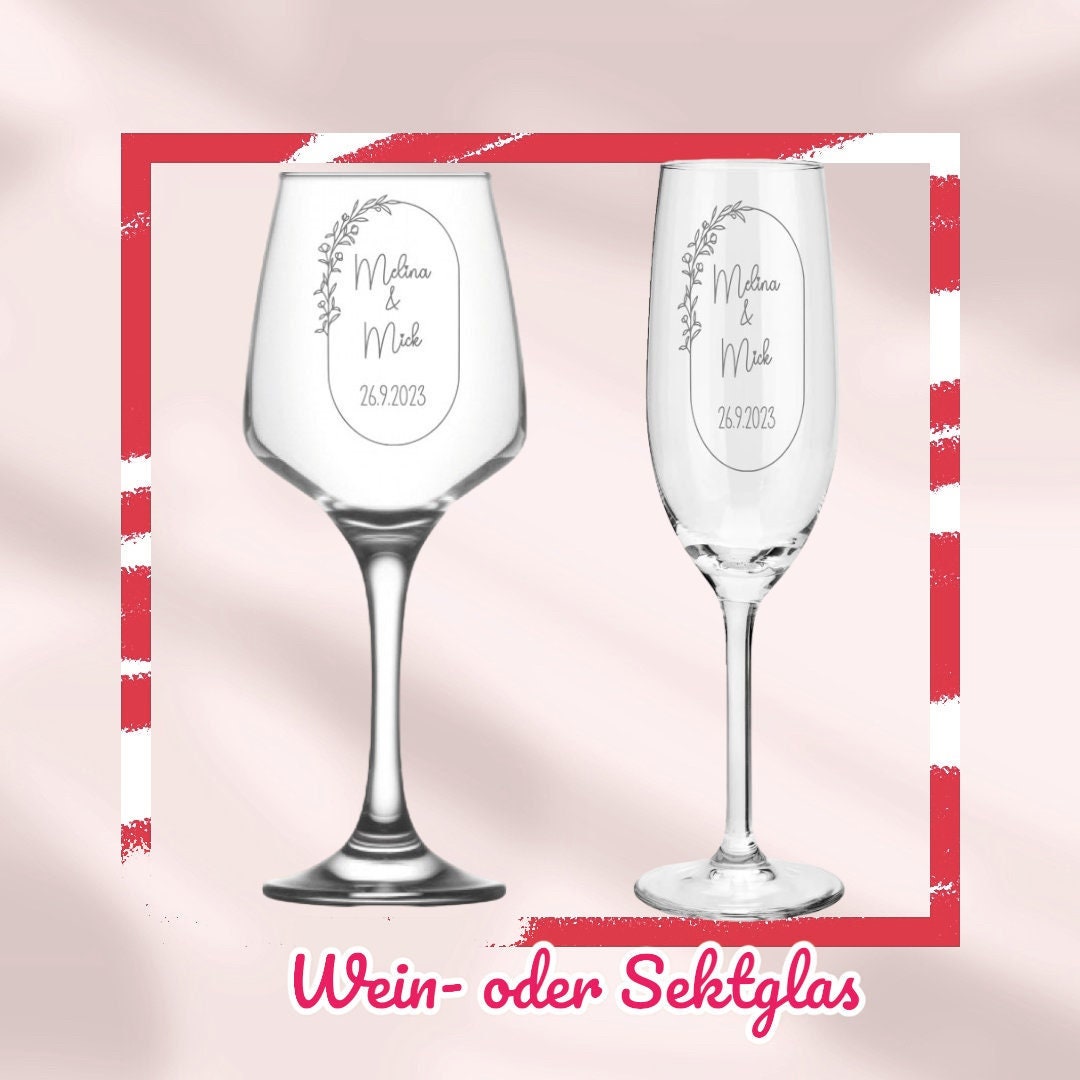 Weinglas oder Sektglas mit Namen und Datum personalisiert, Geschenk für die Hochzeit, das Brautpaar oder als Gastgeschenk