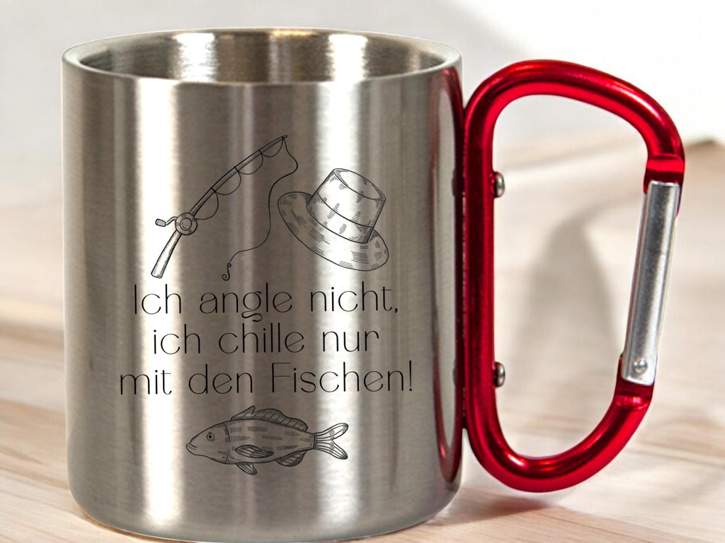 Becher Angler Spruch, Karabinergriff, Edelstahl, Geschenk für Angler, personalisiert mit Namen  Art.-Nr. KER-0108_1