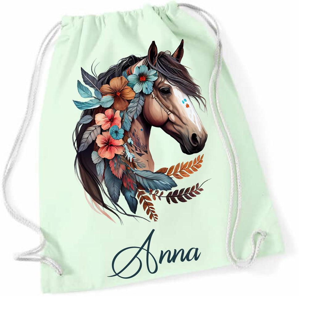Turnbeutel Pferd mit Namen personalisiert, viele Farben und Schriftarten, Geschenk für Schule, Kindergarten & Freizeit, Zugschnur, Rucksack
