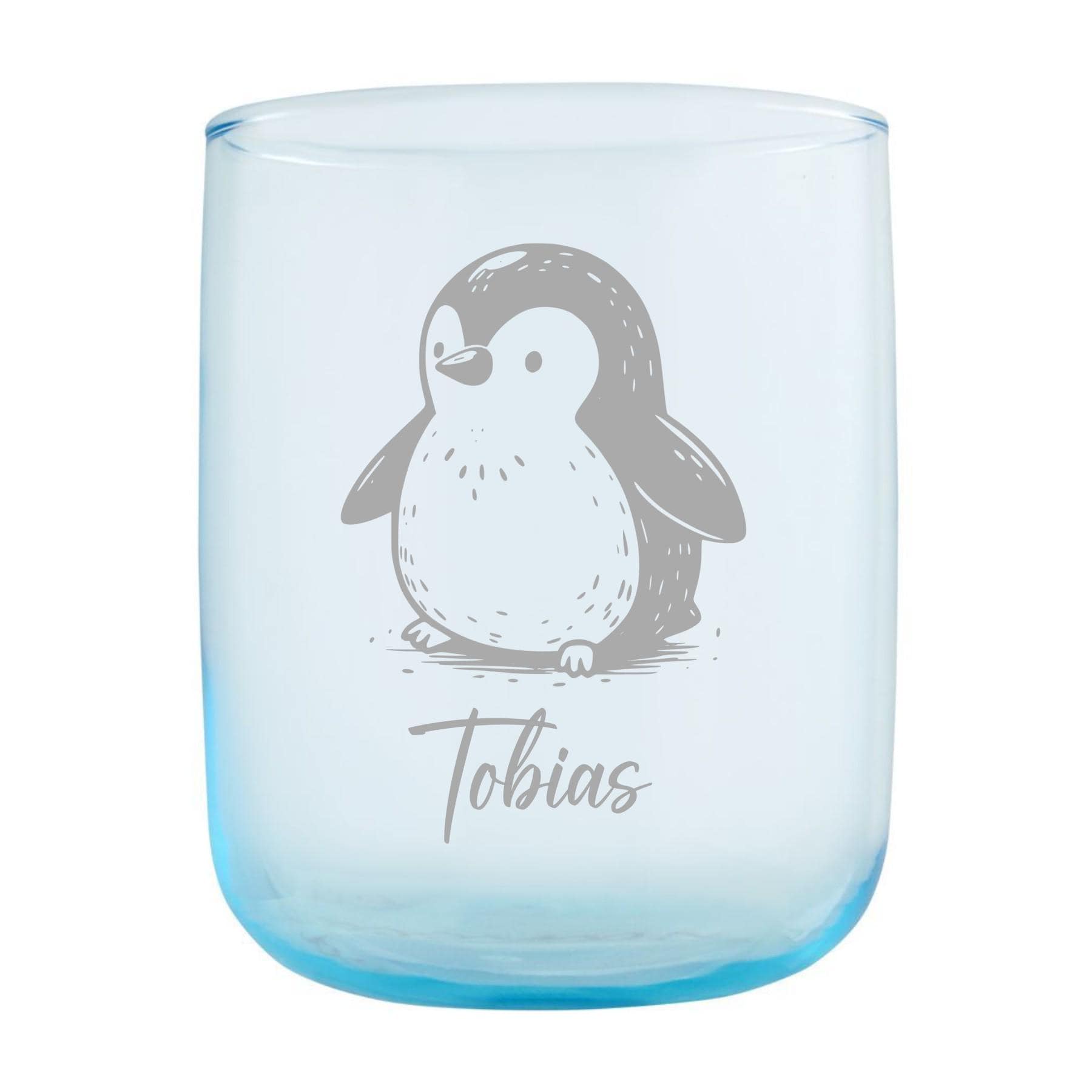 Einzigartiges, personalisiertes Kindertrinkglas, mit Pinguin und Namen graviert, handlich für kleine Kinderhände, versch. Glas-Farben-Formen