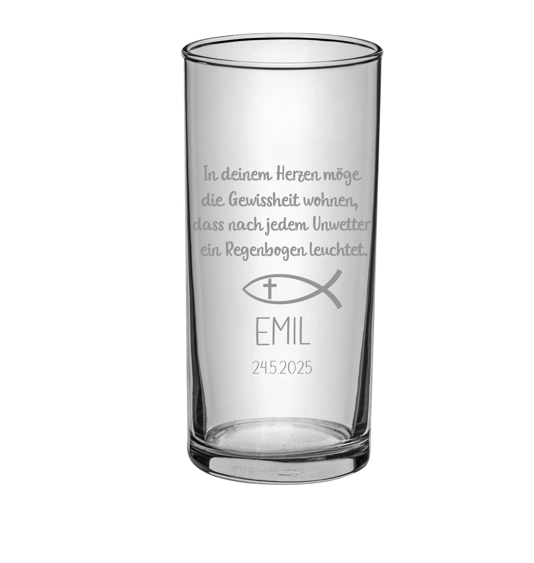 Trinkglas Kommunion, Konfirmation oder Taufe, personalisiert, graviert, Geschenk, mit Namen und Spruch, Gastgeschenk, Junge o. Mädchen
