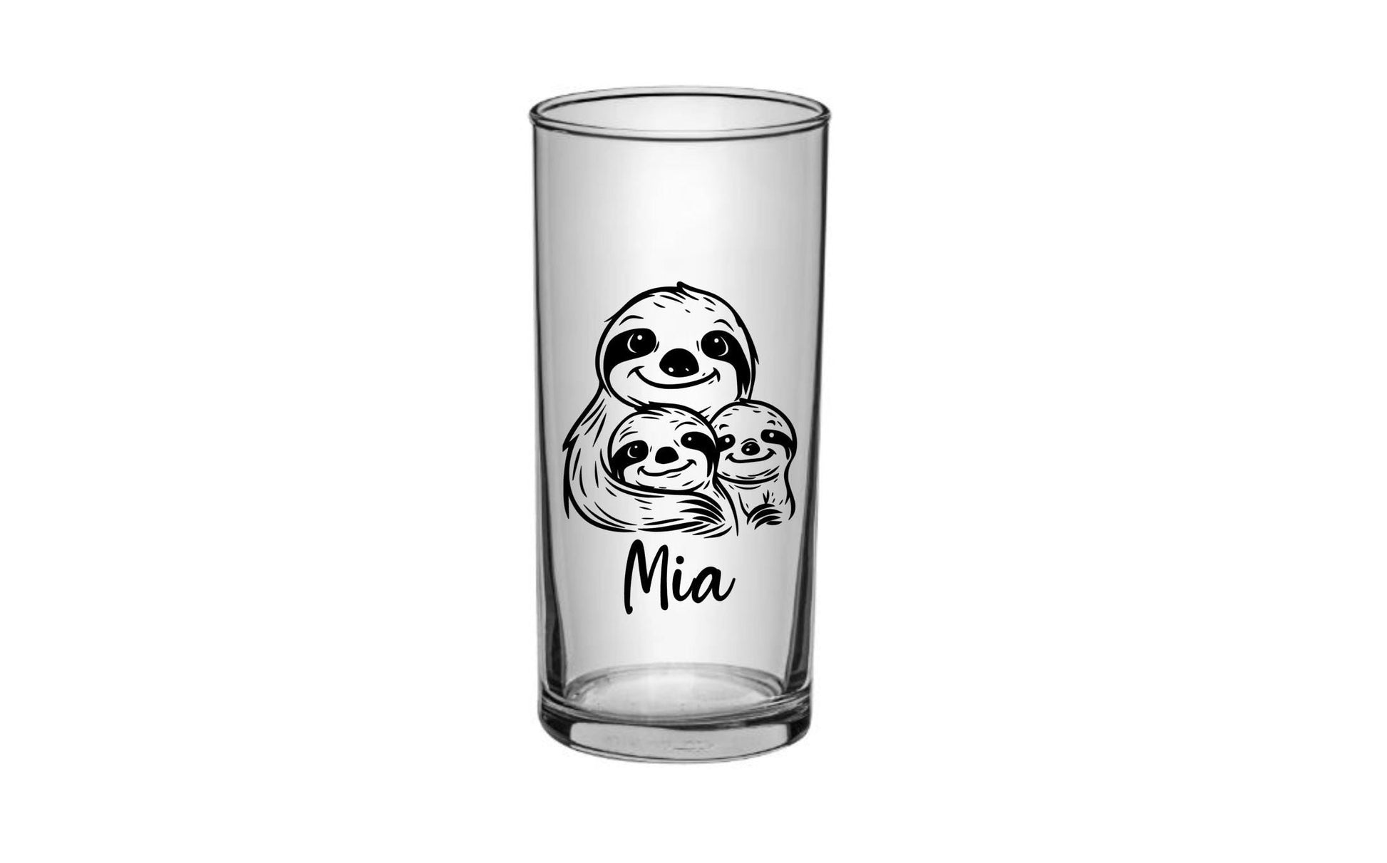 Elegantes Trinkglas mit graviertem Faultier-Motiv & Wunschname, Geschenk für Kinder, 3 Glas Formen zur Auswahl, Art.-Nr.  KT03