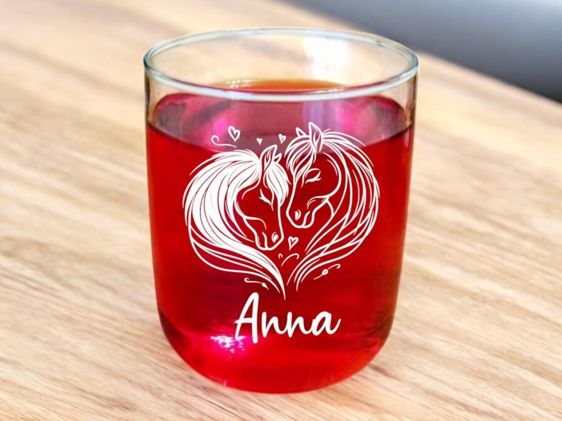 Pferde Glas, personalisiert mit Namen, graviert, 3 verschiedene Gläserformen, sehr schönes Motiv, Geschenk für Pferdefreundinnen, Art.Nr.PG3