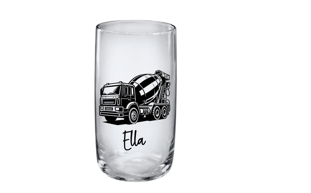 Kinder Trinkglas mit graviertem Betonmischer-Motiv & Wunschname, Geschenk für Kinder, 3 Glas Formen zur Auswahl, Art.-Nr.  KT03