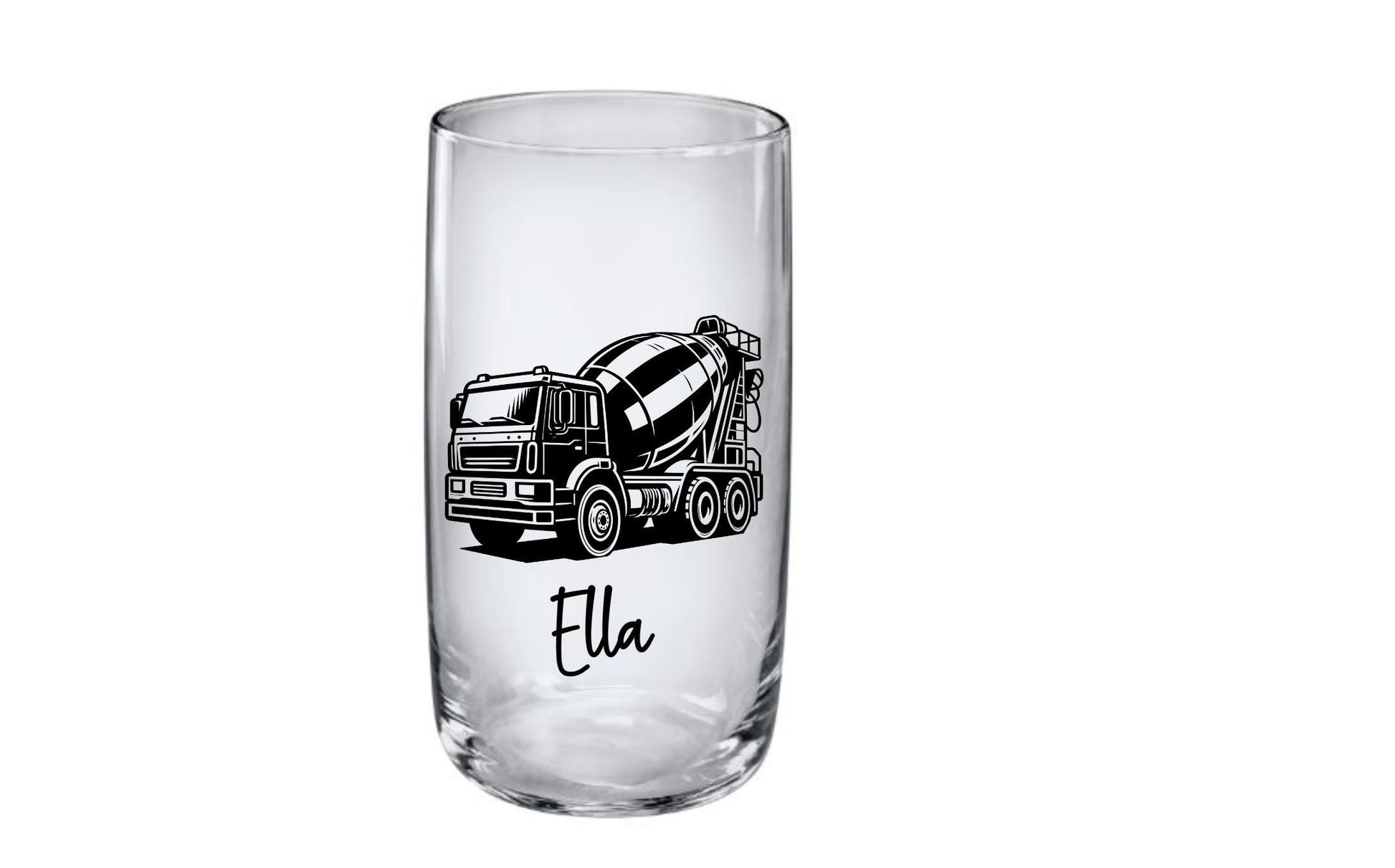 Kinder Trinkglas mit graviertem Betonmischer-Motiv & Wunschname, Geschenk für Kinder, 3 Glas Formen zur Auswahl, Art.-Nr.  KT03