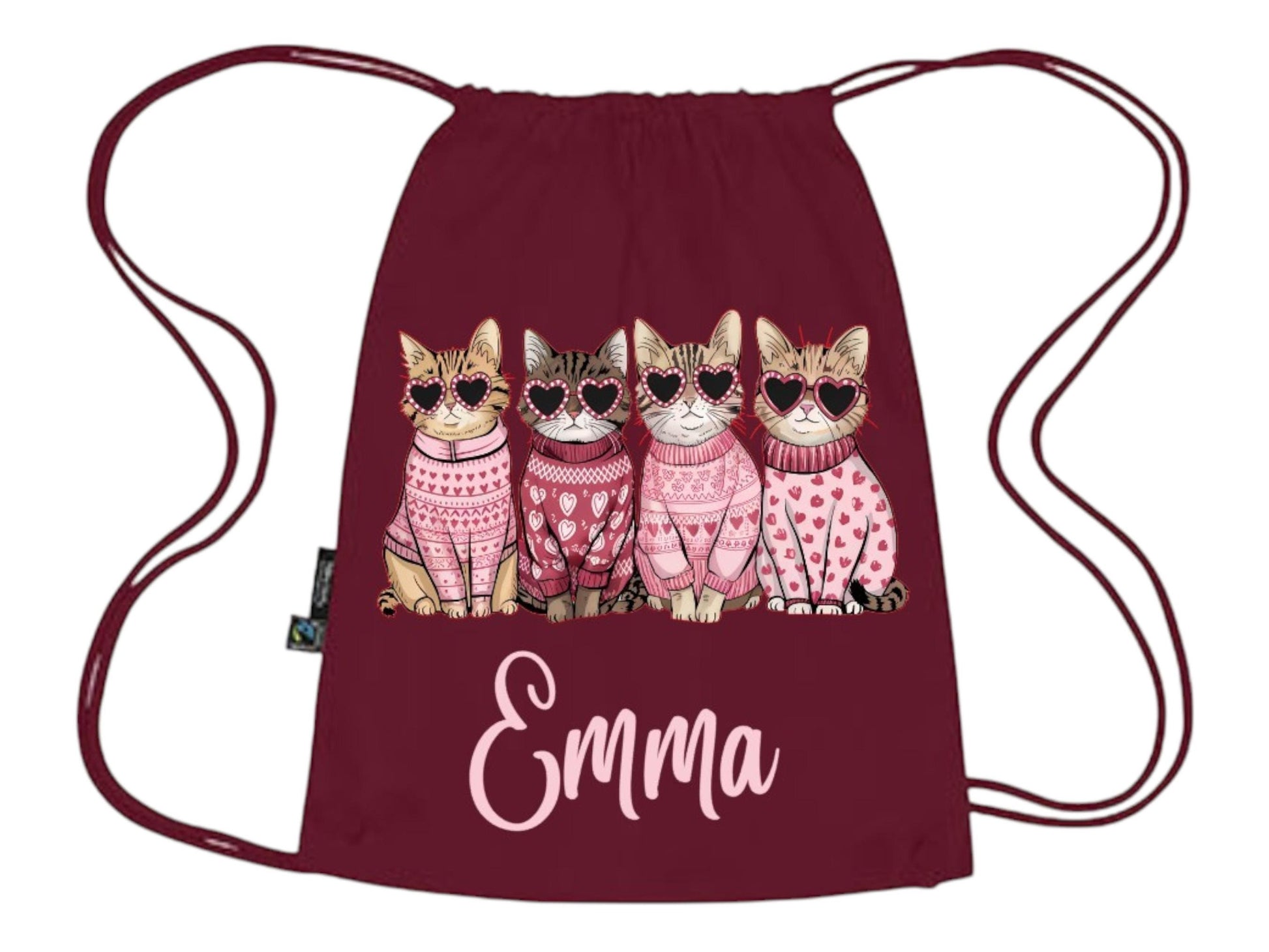 Premium Turnbeutel mit Katzenmotiv und Namen, personalisiert, waschbar, robust + stabil, Baumwolle, Geschenk KIGA, Schule, Art.-Nr. TB1