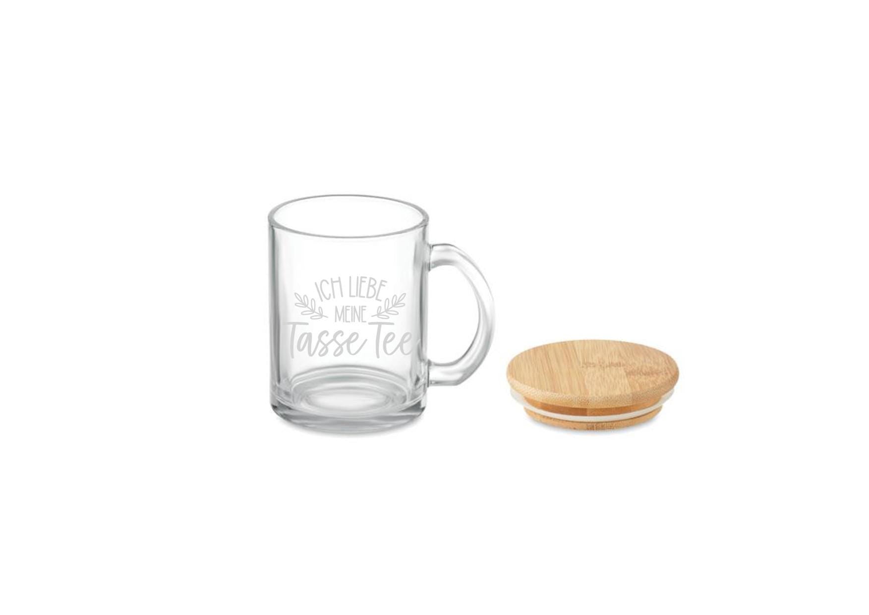 Teeglas, Teetasse mit Bambusdeckel, graviert, personalisiert, mit Namen auf Wunsch, Geschenk für Teetrinker, Art.-Nr. TG03