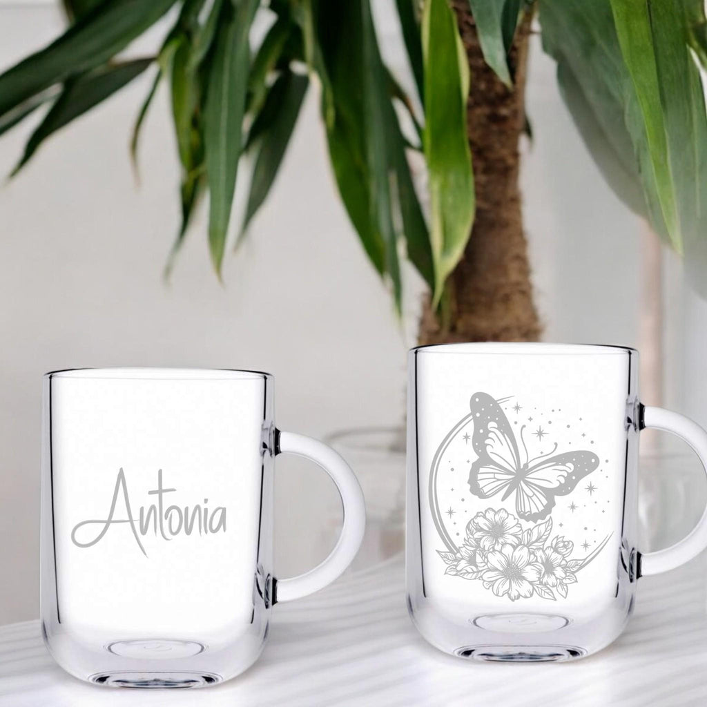 Teeglas mit floralen Moon Motiv und deinem Wunschnamen, schönes, stabiles Teeglas, Geschenk für Teetrinker, mystisch und wunderschön