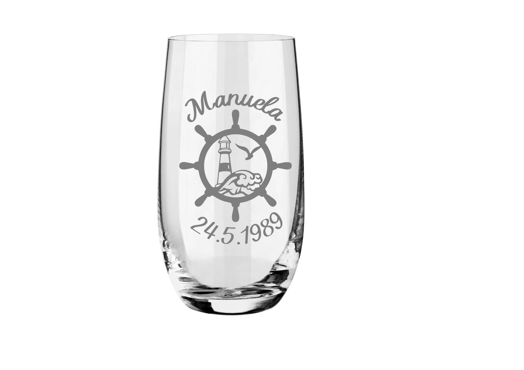 Hochwertiges maritimes Trinkglas mit individueller Gravur - Perfekt personalisiertes Geschenk! personalisiert mit Namen + Datum nach Wunsch