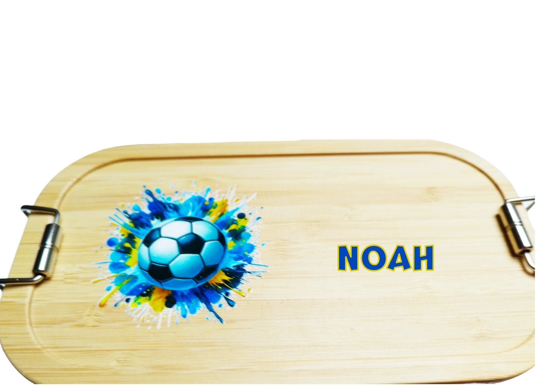 Lunchbox Fussball, mit Namen personalisiert, Bambus Brotdose, mit Trennsteg, versch. Designs / Farben, Geschenk für Fussballfans