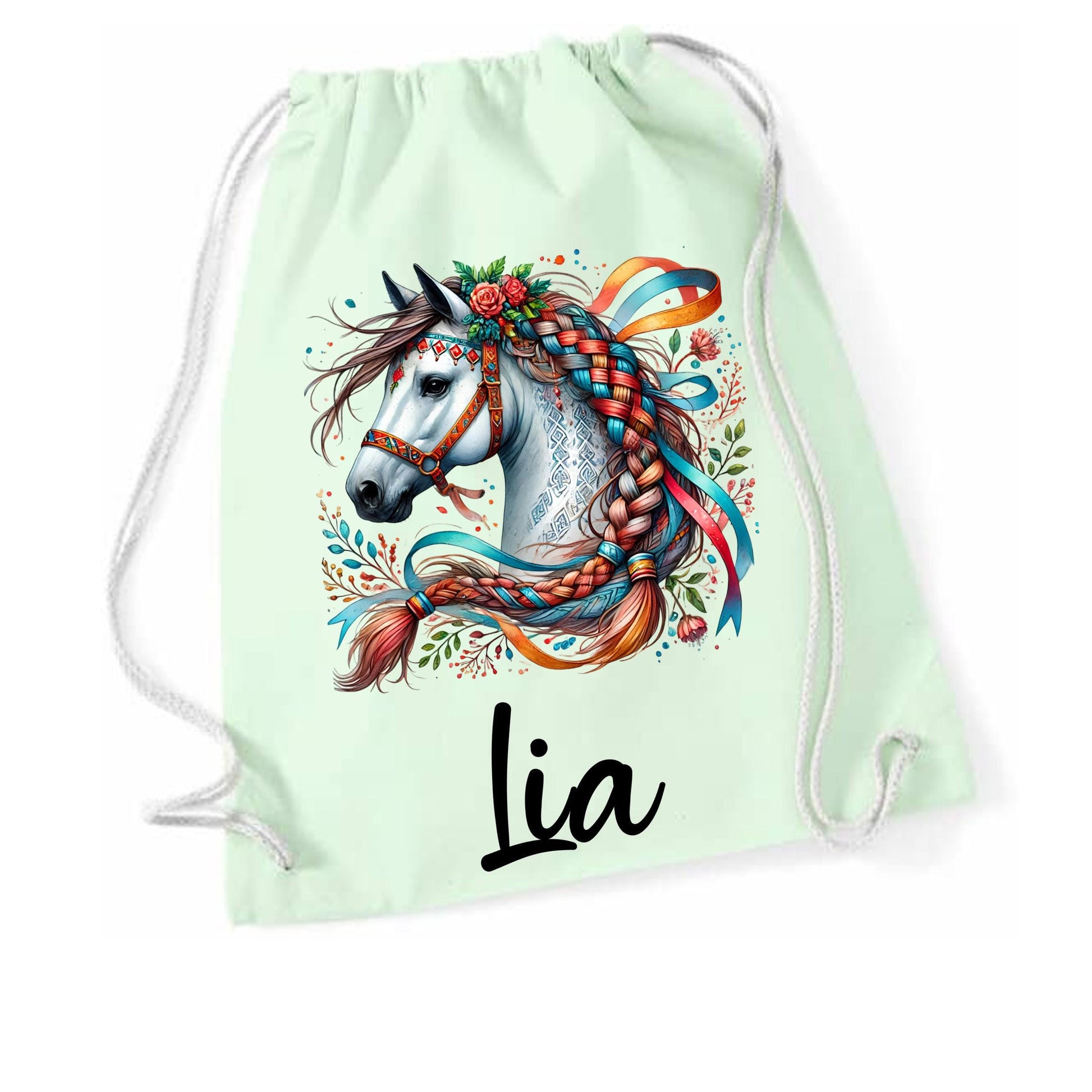 Turnbeutel Pferd, Sporttasche, Rucksack, Schule, Kindergarten, mit Namen personalisiert, Geschenk für Schulanfang, Kindergarten, romantisch