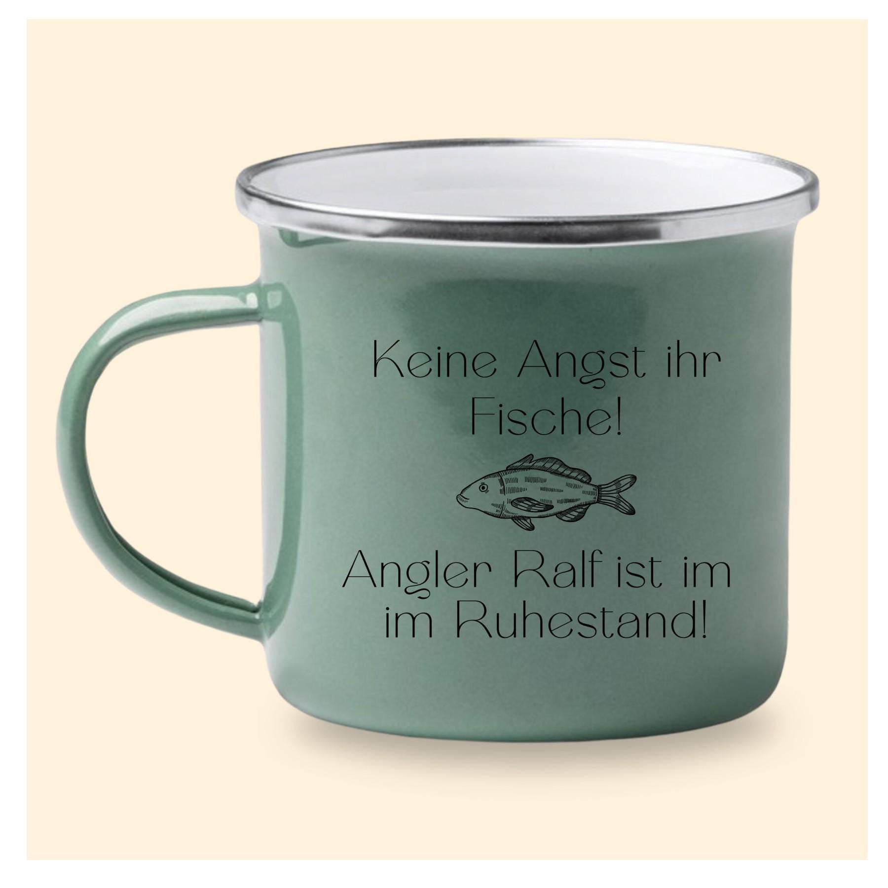 Emaille Becher Angler Spruch, Geschenk für Angler, personalisiert mit Namen  Art.-Nr. KER-0104_2