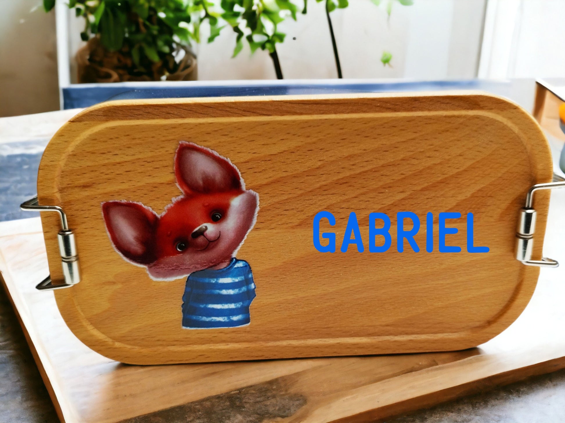 Brotdose, Lunchbox mit Trennsteg, Buchenholzdeckel, mit Fuchmotiv und Wunschnamen, für den Kindergarten oder Schule, Geschenk personalisiert