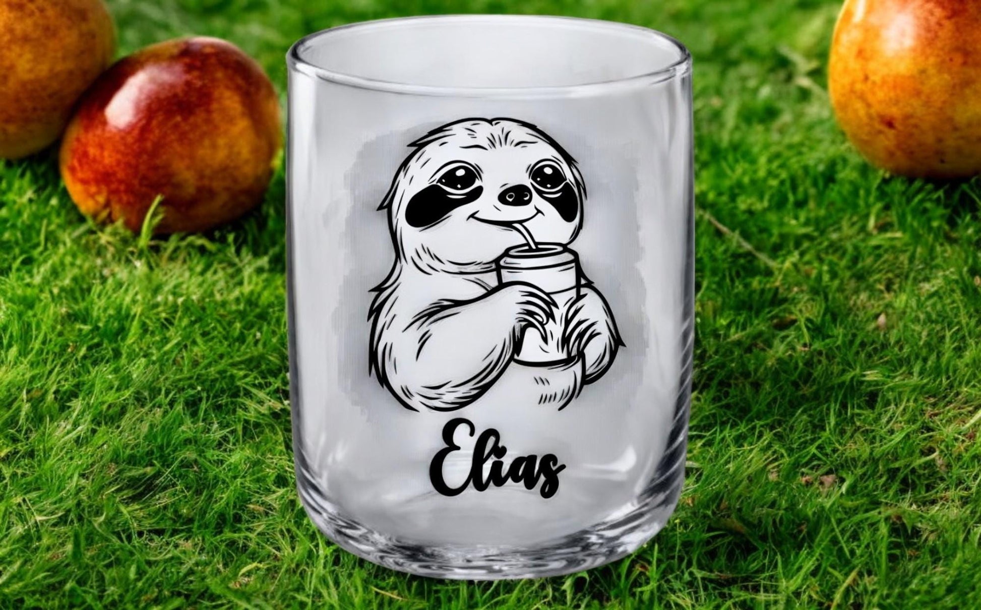 Elegantes Trinkglas mit graviertem Faultier-Motiv & Wunschname, Geschenk für Kinder, 3 Glas Formen zur Auswahl, Art.-Nr.  KT03