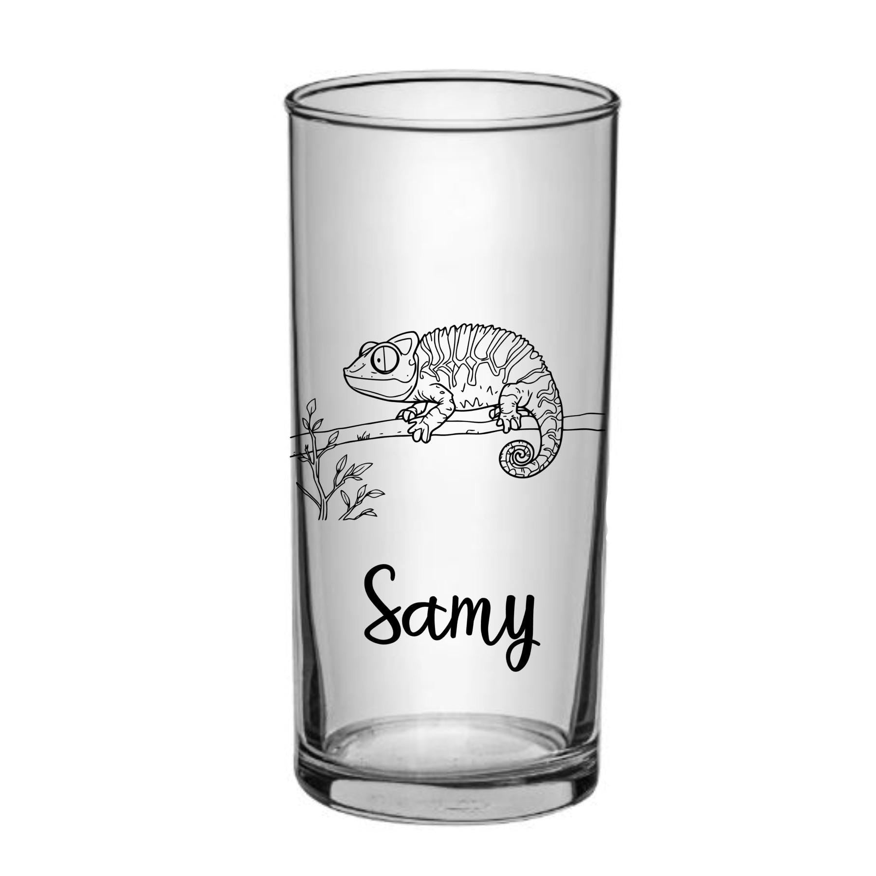 Trinkglas Chamäleon, mit Namen und Wunsch-Chamäleon graviert, Trinkspaß mit Chamäleon, personalisiertes Geschenk, Echsen Motiv, Gravur