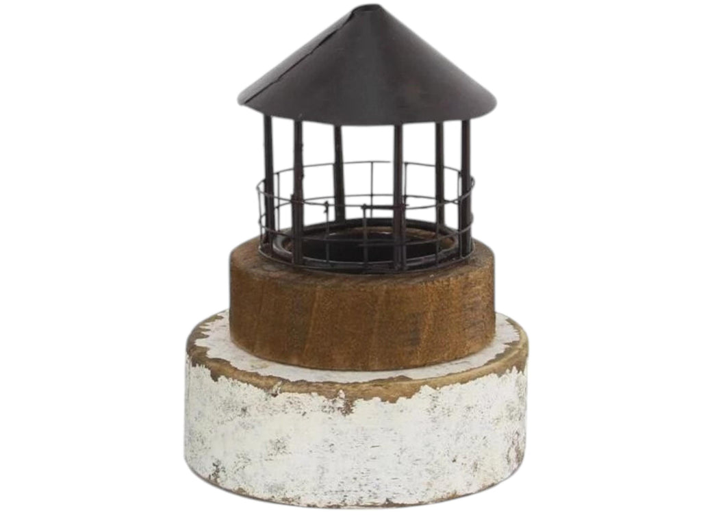 Teelicht-Halter, Leuchtturmkopf, Holz/Metall, 9,3x9,3x12cm, maritimes Windlicht, Leuchtturm, Windlicht, maritimer, rustikaler Style