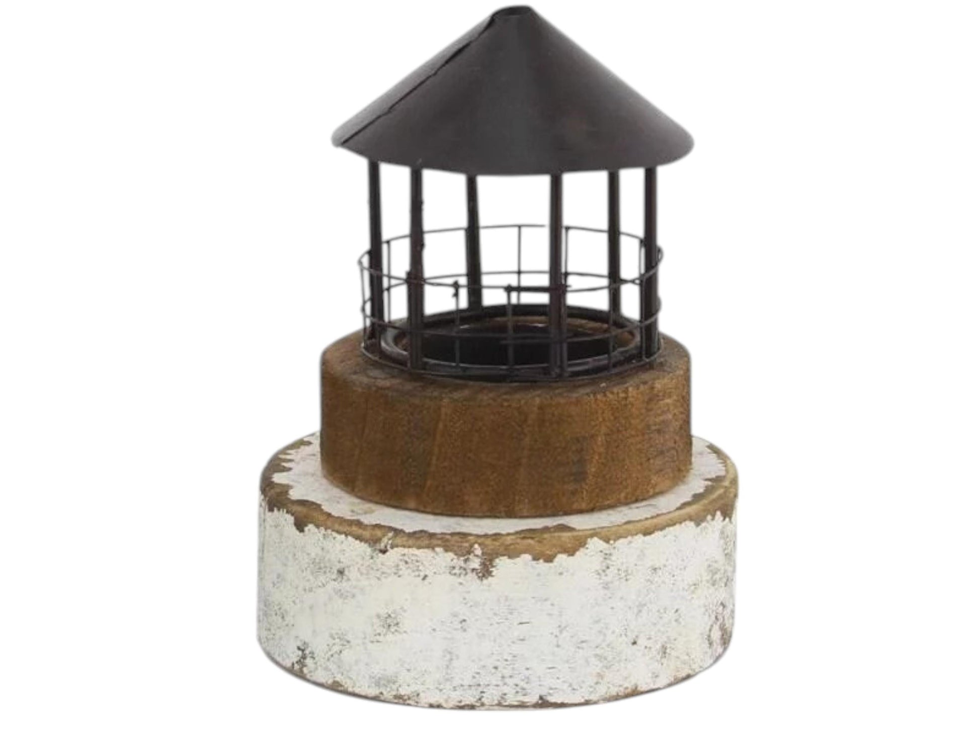 Teelicht-Halter, Leuchtturmkopf, Holz/Metall, 9,3x9,3x12cm, maritimes Windlicht, Leuchtturm, Windlicht, maritimer, rustikaler Style