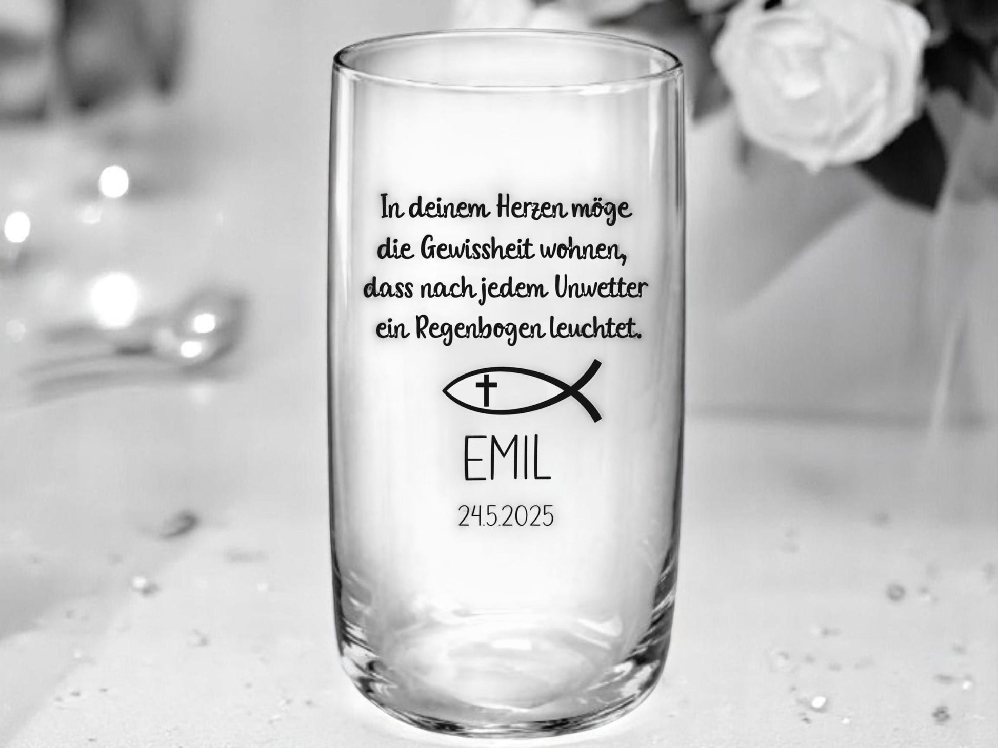 Trinkglas Kommunion, Konfirmation oder Taufe, personalisiert, graviert, Geschenk, mit Namen und Spruch, Gastgeschenk, Junge o. Mädchen