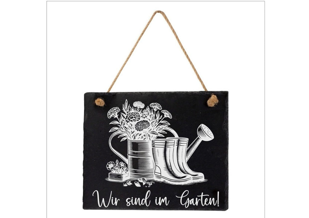 Dekoschild für die Haustür, Wir sind im Garten!, Info-Tafel, aus Schiefer, graviert, Geschenk, Dekoration, Hinweisschild, versch. Motive