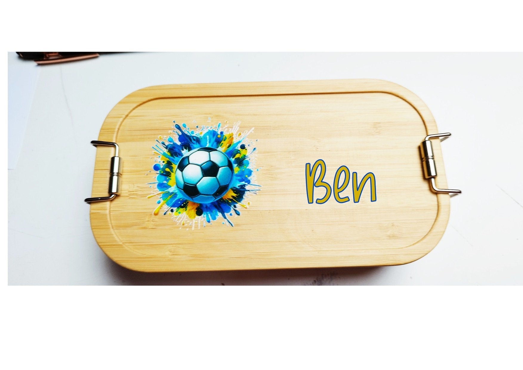 Lunchbox Fussball, mit Namen personalisiert, Bambus Brotdose, mit Trennsteg, versch. Designs / Farben, Geschenk für Fussballfans