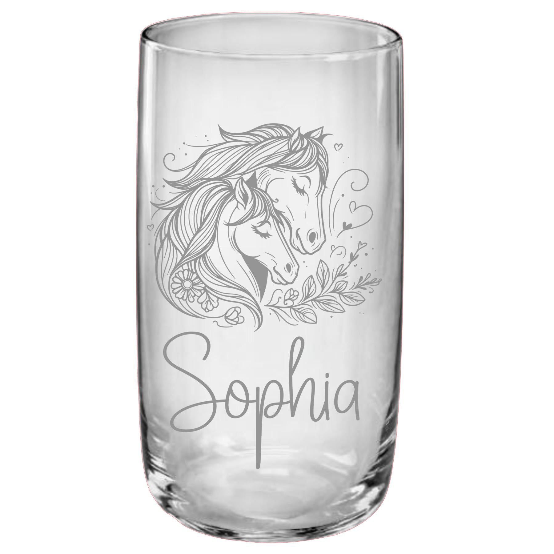 Pferde Glas, personalisiert mit Namen, graviert, 3 verschiedene Gläserformen, sehr schönes Motiv, Geschenk für Pferdefreundinnen, Art.Nr.PG4