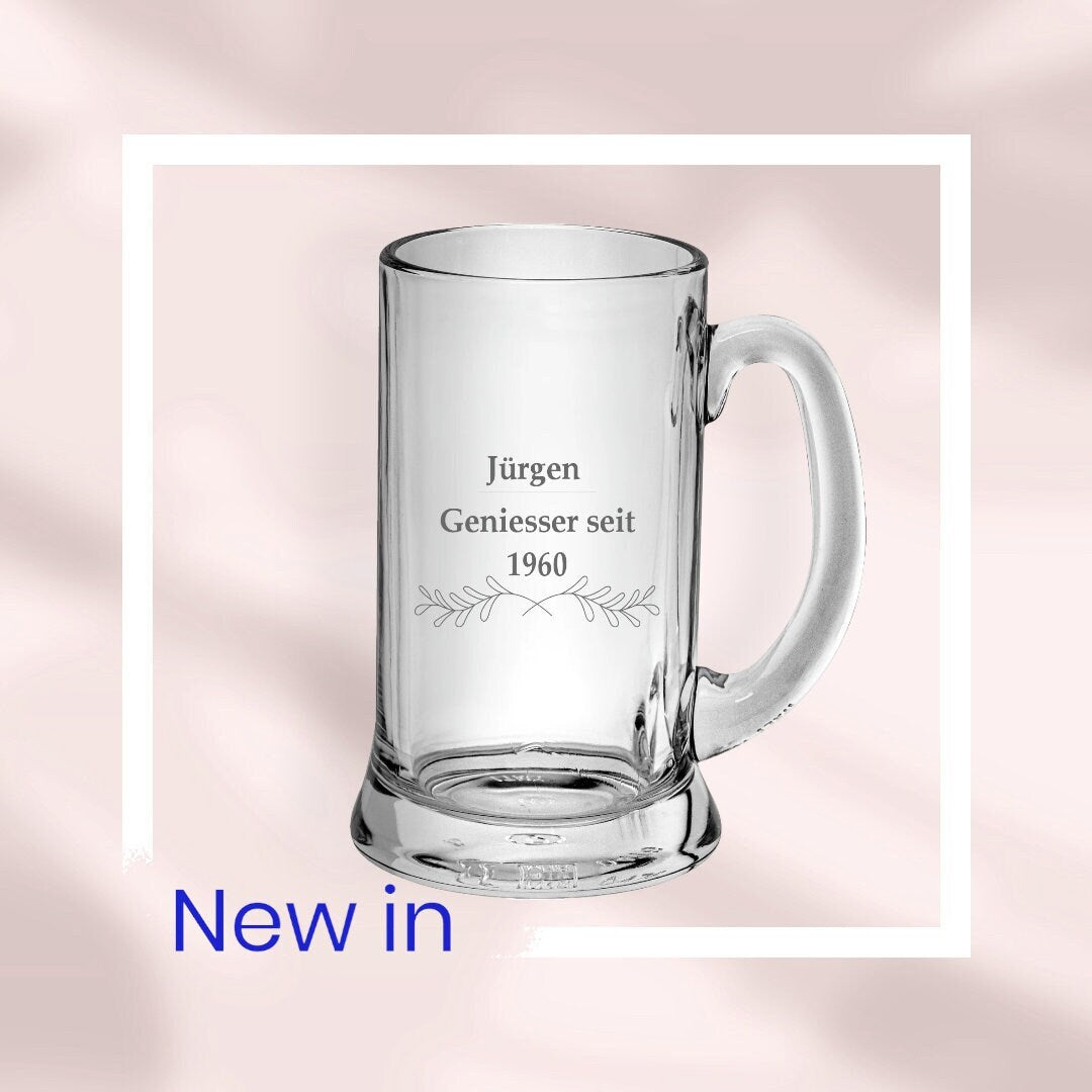 Bierkrug, Bierhumpen, Bierglas, personalisiert mit Namen, Geschenk für Biertrinker, schwer + massiv, graviert, Geniesser seit ...