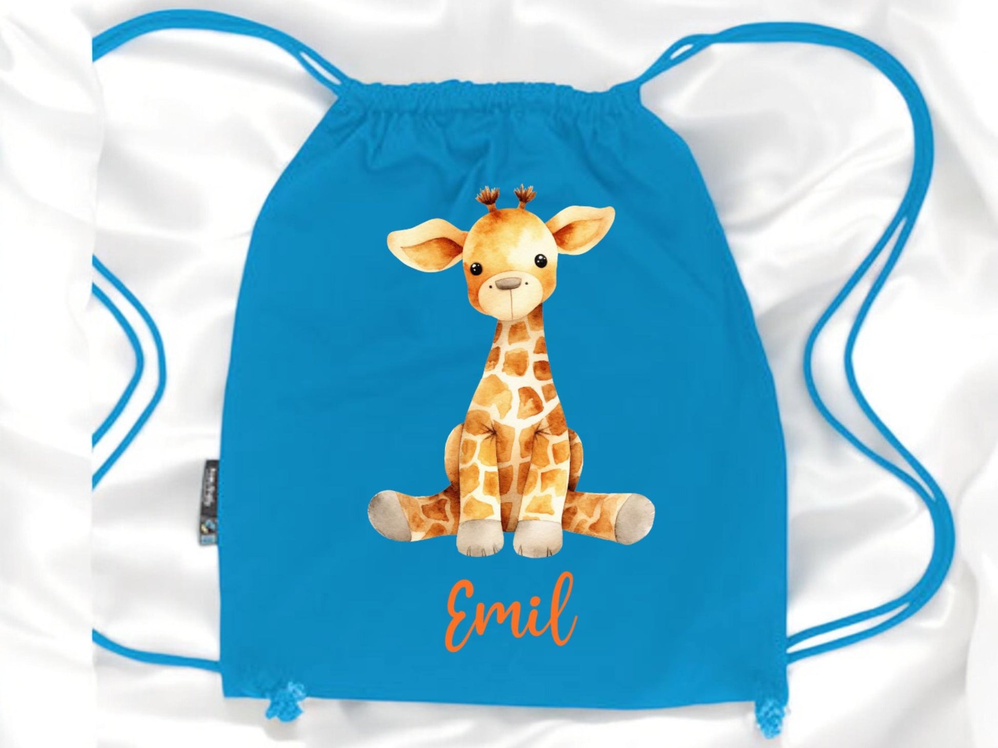 Turnbeutel mit Giraffe, personalisiert mit deinem Wunschnamen, waschbar, Baumwolle, für Schule, Freizeit, Kindergarten, Wäschebeutel