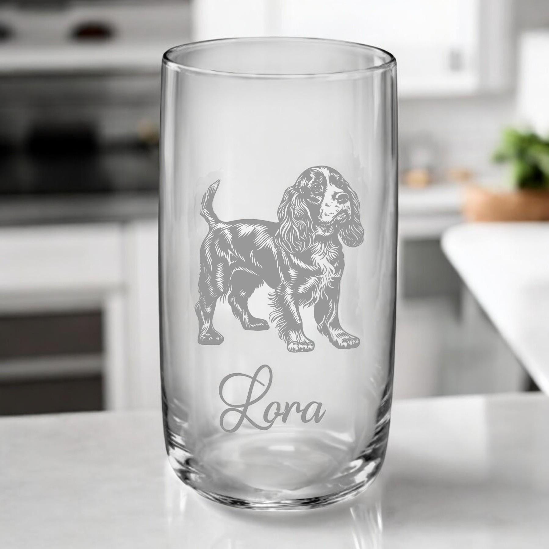 Trinkglas mit Cocker Spaniel – individuell und stilvoll, auf Wunsch mit Namen personalisiert, 4 versch. Motive, Geschenk für Cocker Fans