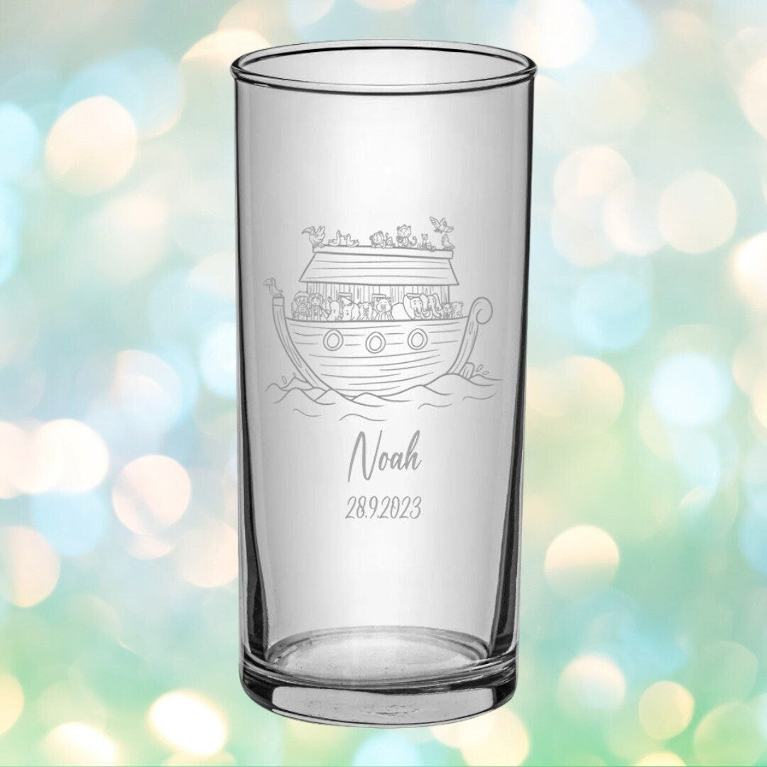 Kinder-Trinkglas, graviert mit Namen, Noahs Arche, Geschenk