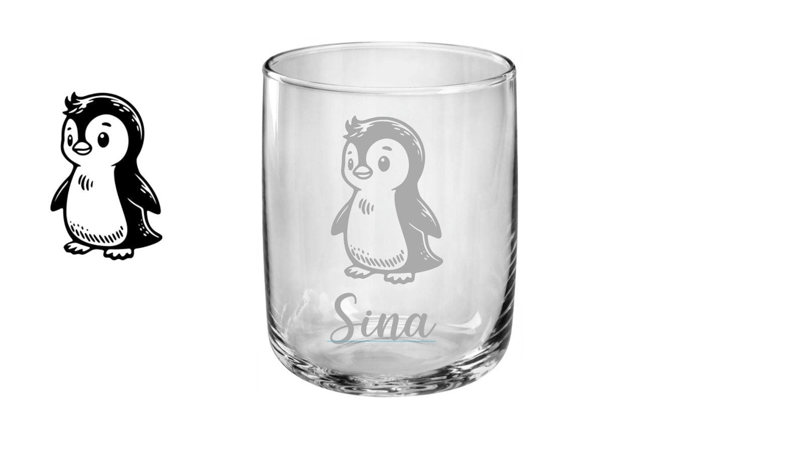 Einzigartiges, personalisiertes Kindertrinkglas, mit Pinguin und Namen graviert, Geburtstagsgeschenk, handlich für kleine Kinderhände