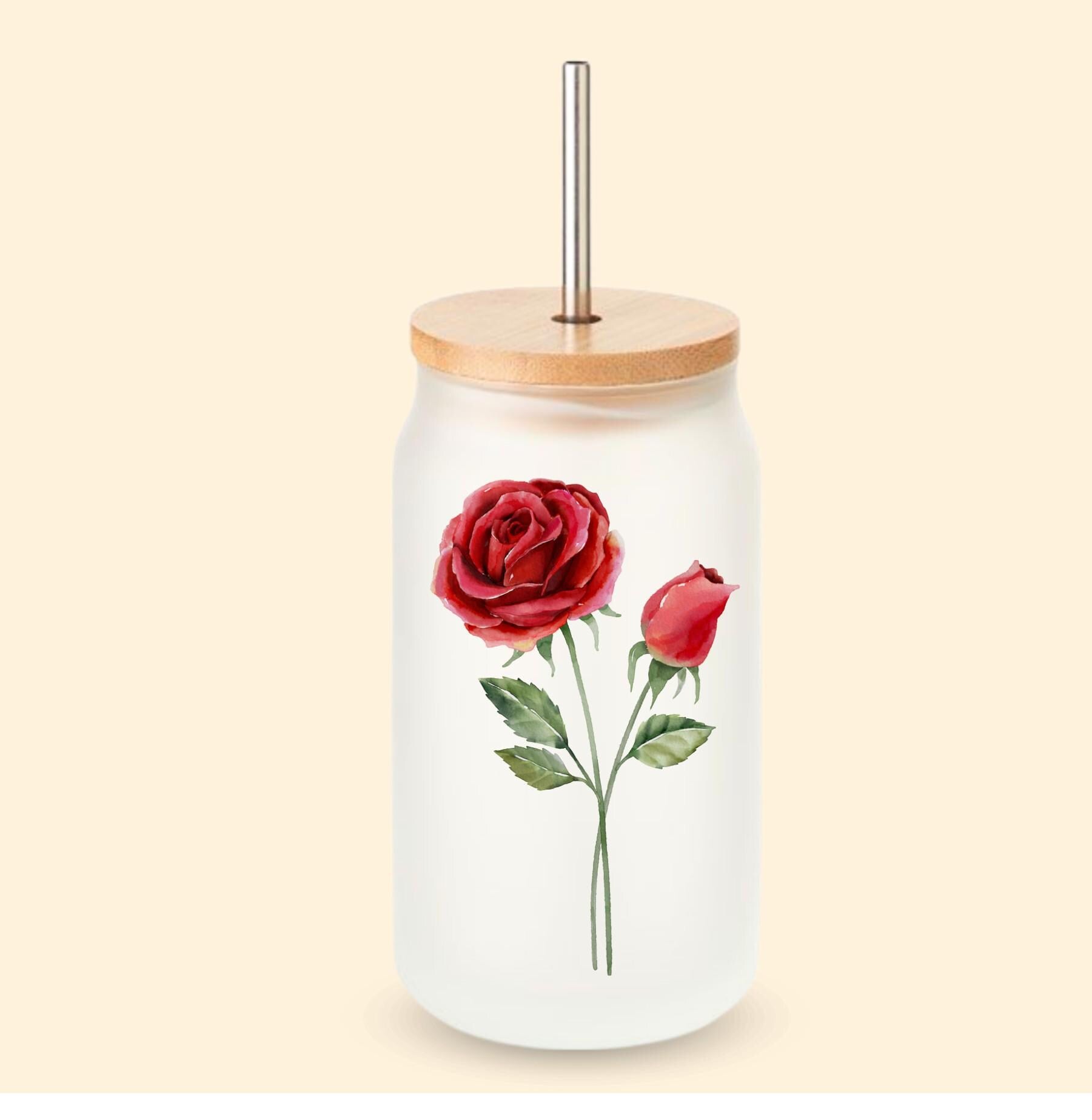 Trinkglas mit Deckel und Strohhalm, mit deiner Geburtstagsblume und Wunschnamen, Geschenk für den Geburtstag