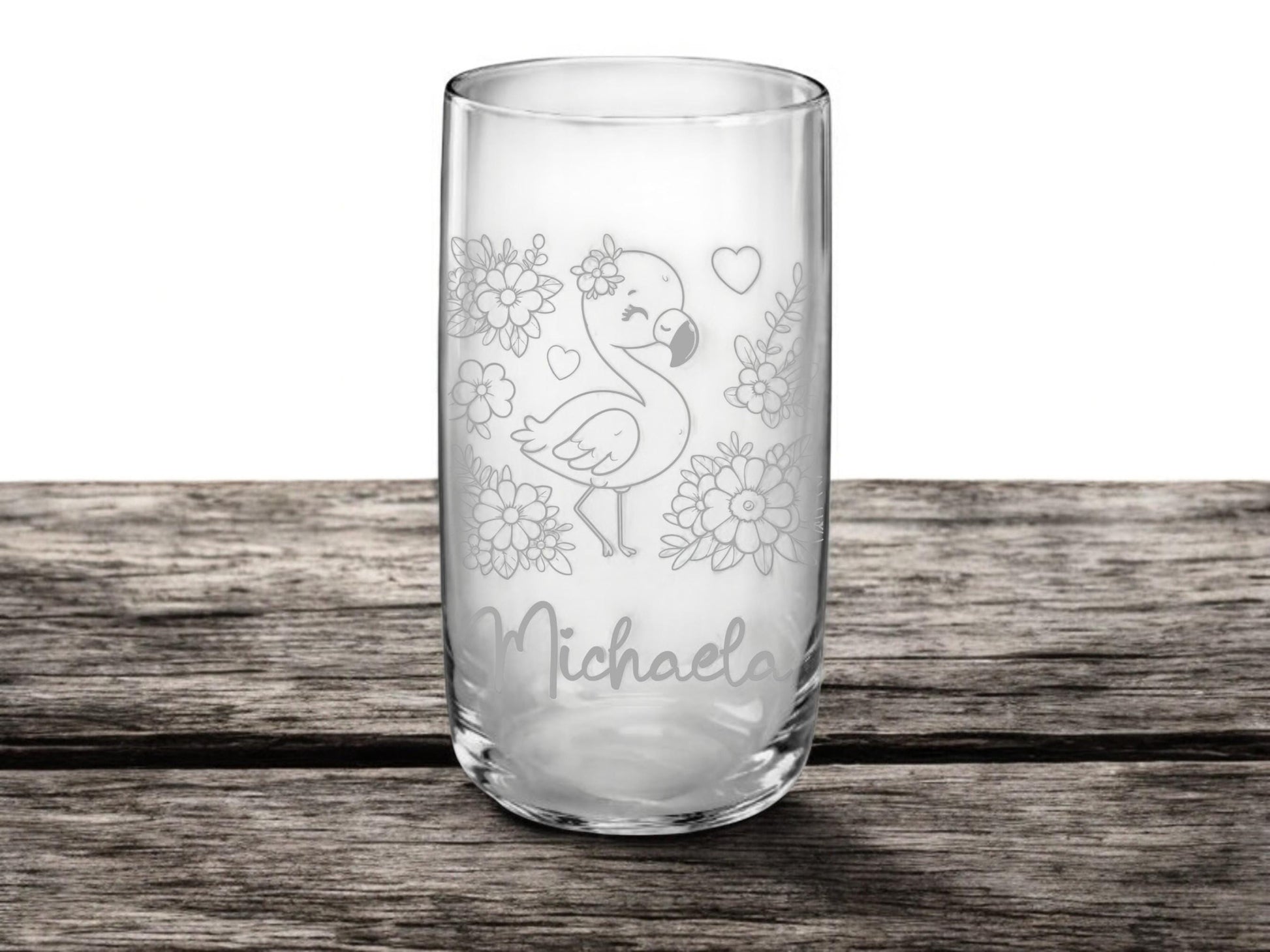 Flamingo Kinder Trinkglas mit Gravur, personalisiert mit Namen oder Wunschtext, 3 versch. Glasformen,  Geschenk für Flamingofans, Art.Nr.F1