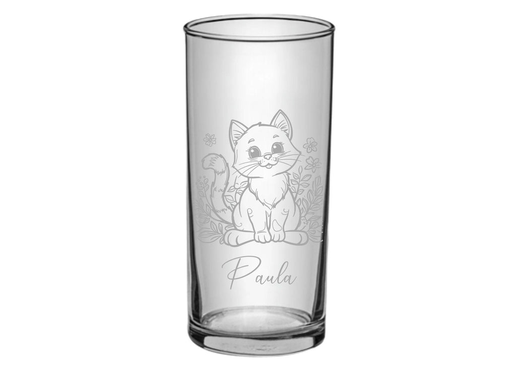Kinder Trinkglas mit Gravur, personalisiert mit Namen, Wunschtext, versch. Katzen Motive, Wasserglas, graviert, Geschenk