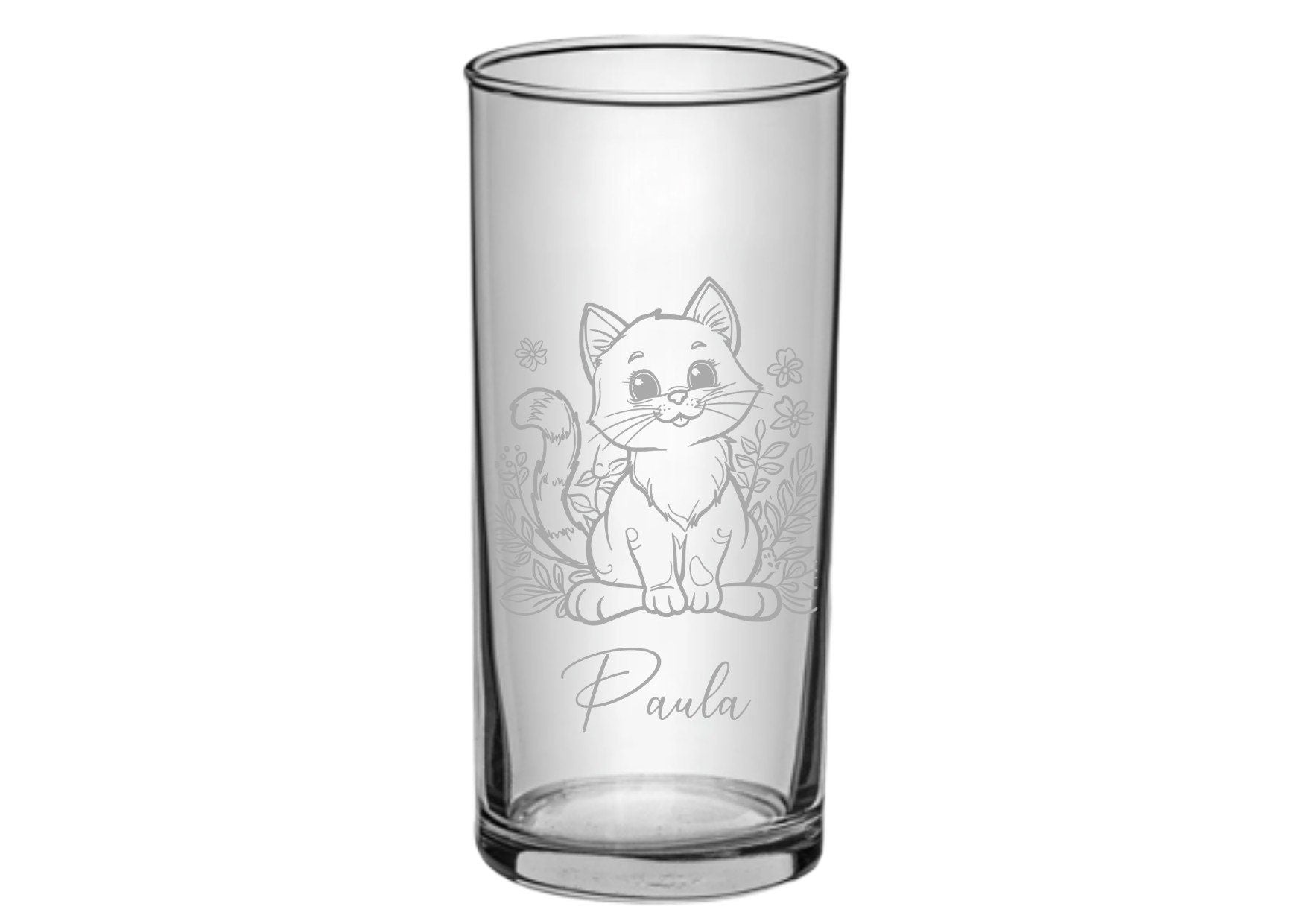 Kinder Trinkglas mit Gravur, personalisiert mit Namen, Wunschtext, versch. Katzen Motive, Wasserglas, graviert, Geschenk