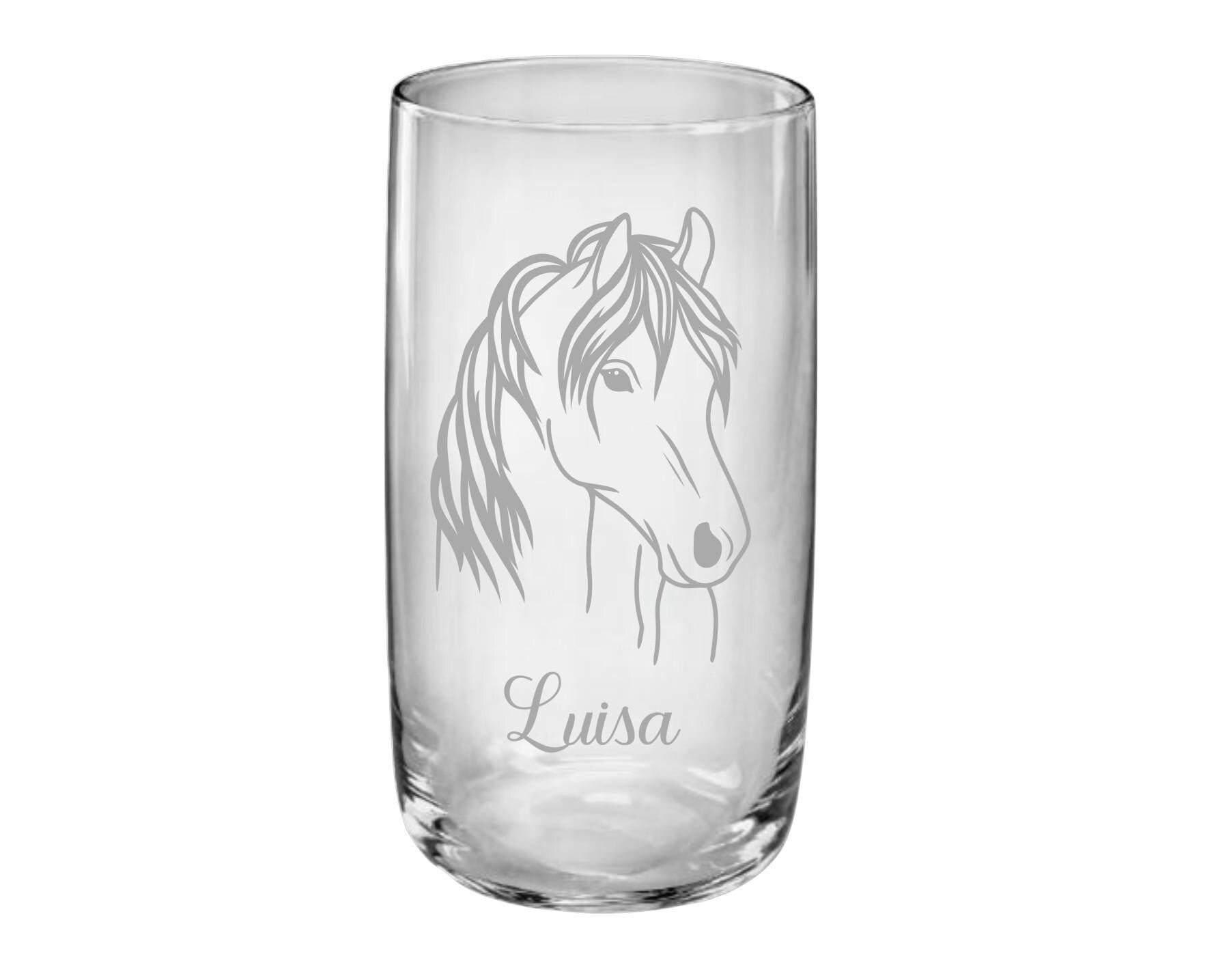 Pferde Kinder Trinkglas mit Gravur, personalisiert mit Namen oder Wunschtext, 3 versch. Glasformen,  Geschenk für Pferdefreunde, Art.Nr.P1