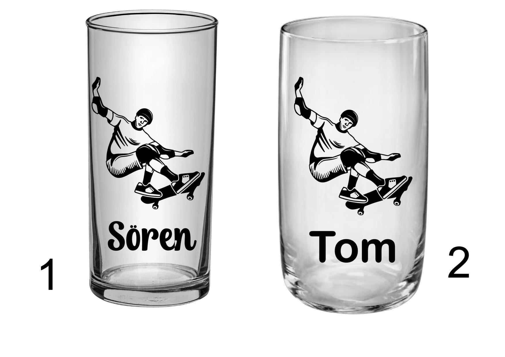 Individuelles Skater-Trinkglas – Graviert mit Wunschnamen o. Vereinslogo! versch. Schrift, Geschenk für Jungen - Skater,  Art.-Nr. SG01