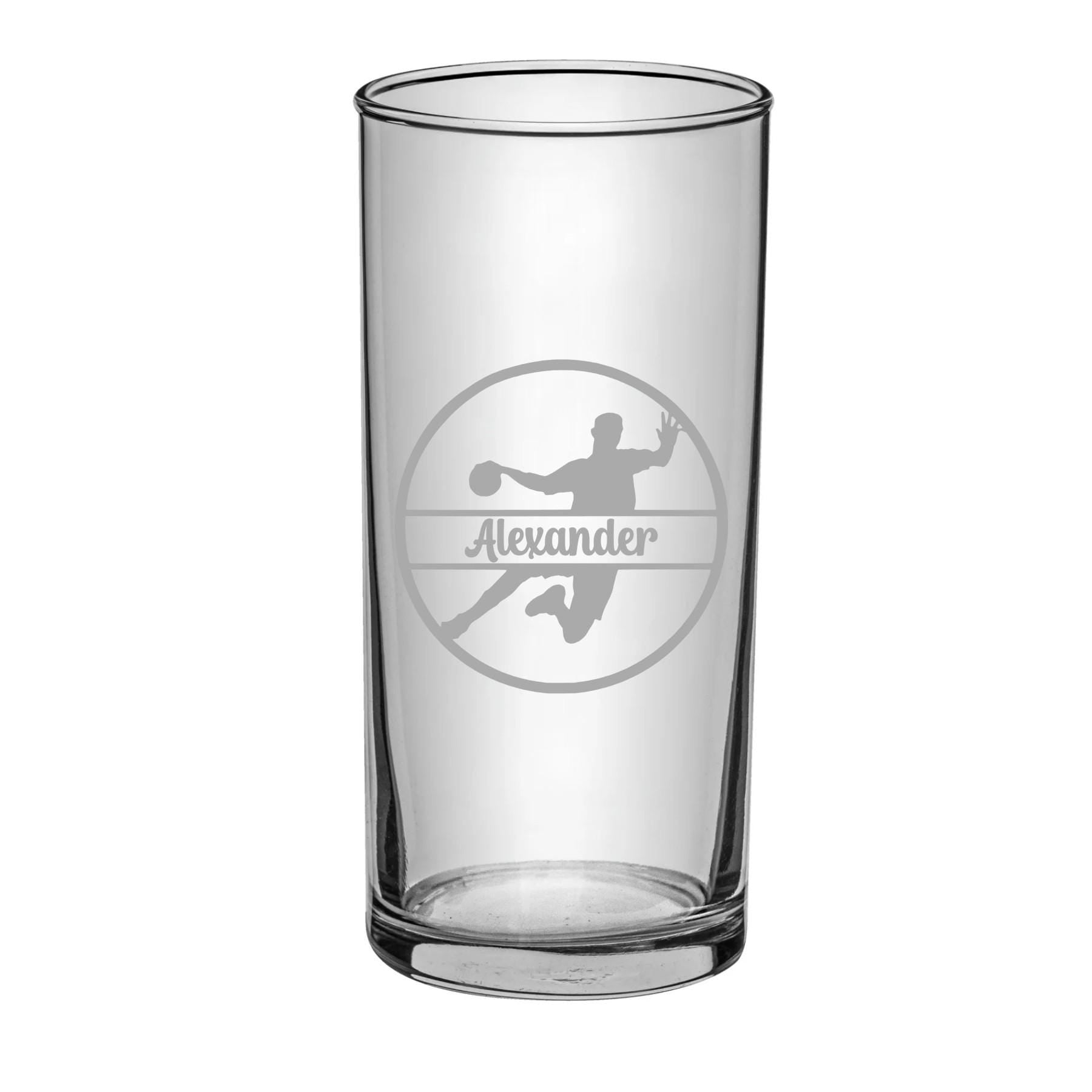 Trinkglas Handball, Geschenk für Handballer, graviertes Glas mit Namen, personalisiert nach Wunsch, 3 versch. Glasformen, Art.-Nr. HB2
