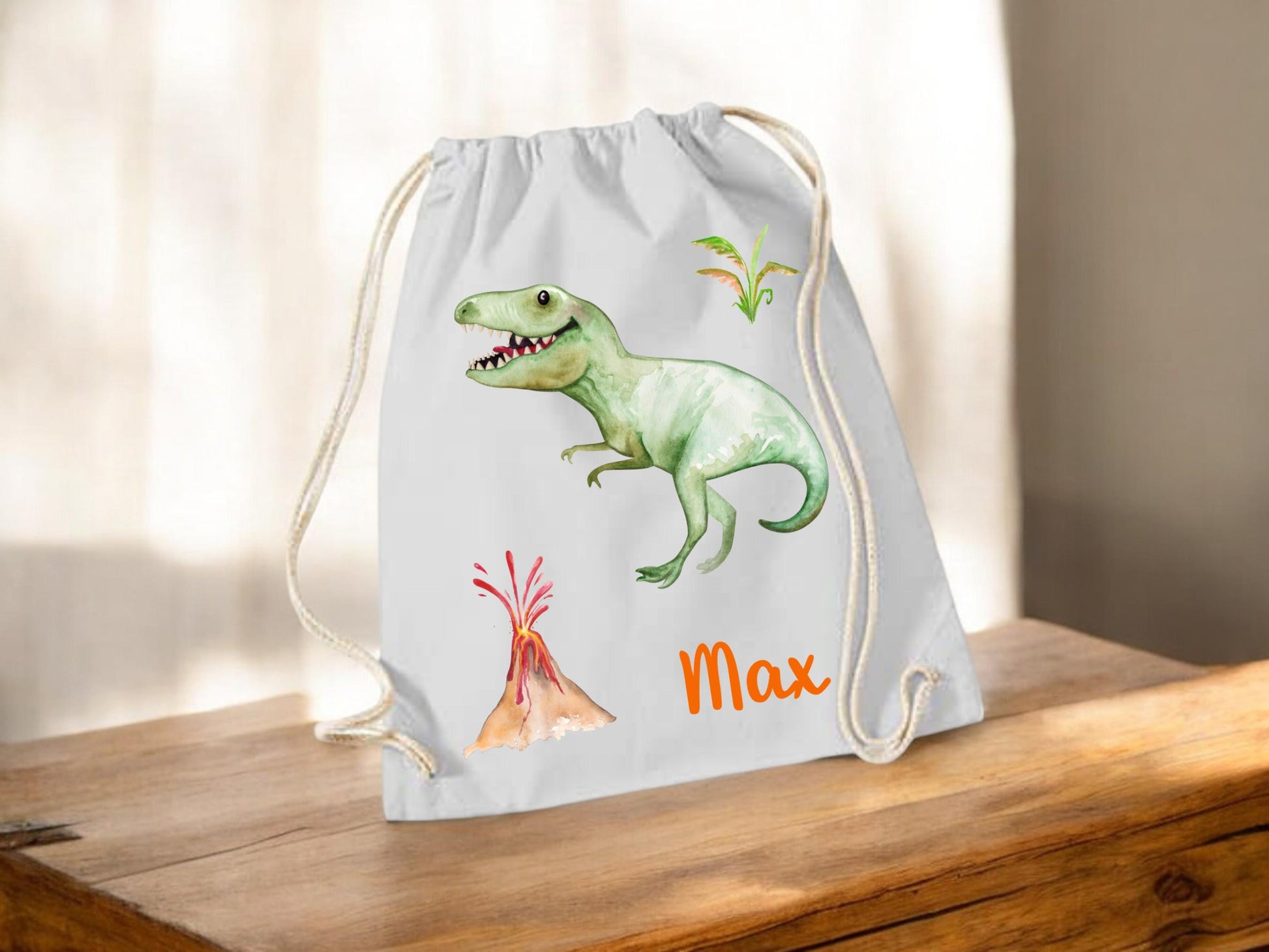Personalisierter Turnbeutel mit coolem Dino-Motiv und Wunschnamen, Sportbeutel, Gymsack, Wäschebeutel, Wechselwäsche, Tasche, Dinosaurier