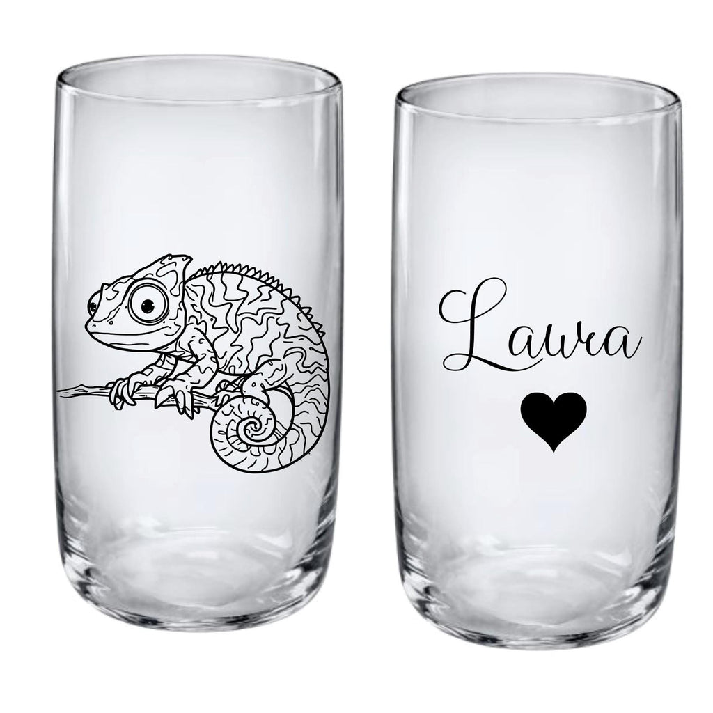 Trinkglas Chamäleon, mit Namen und Wunsch-Chamäleon graviert, Trinkspaß mit Chamäleon, personalisiertes Geschenk, Echsen Motiv, Gravur
