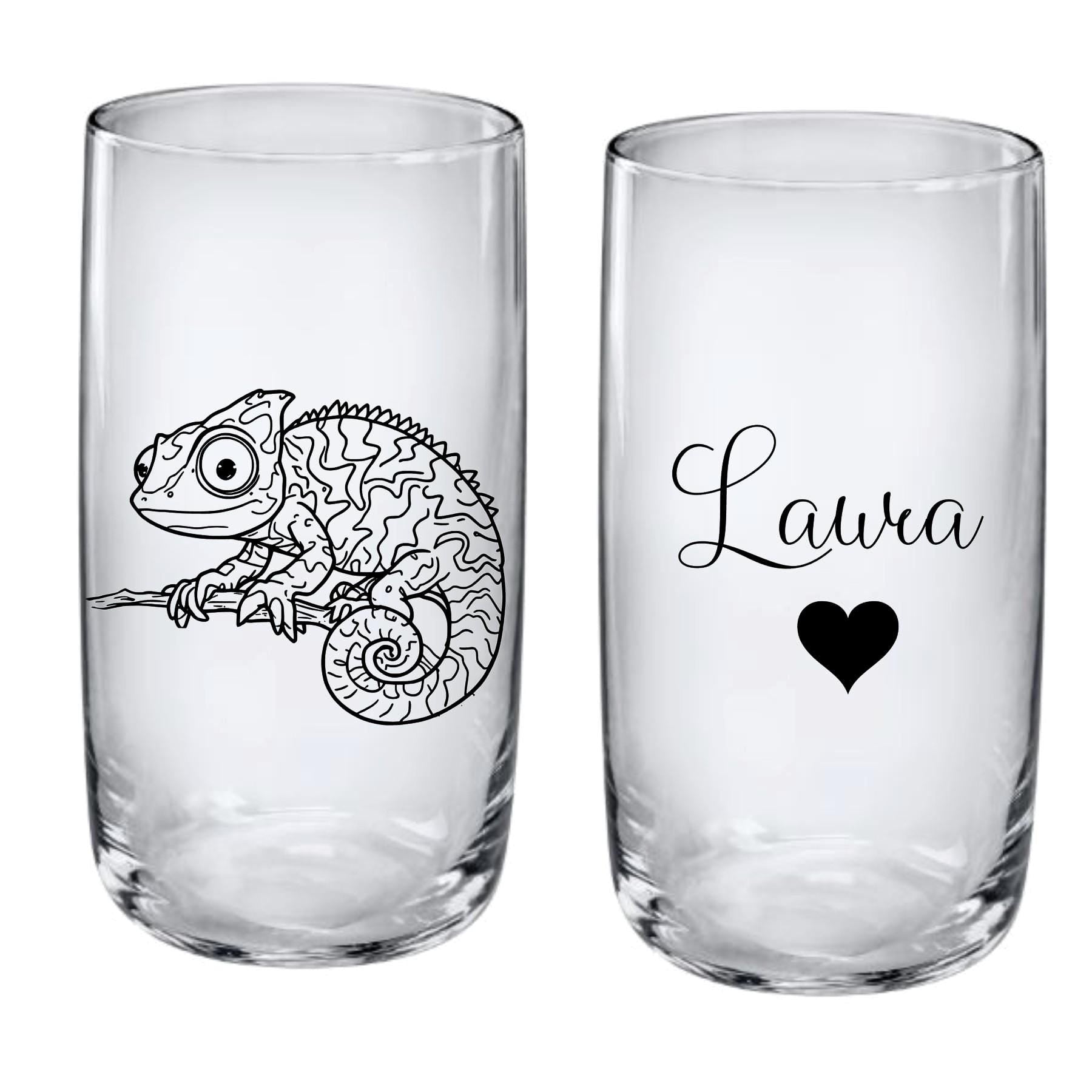 Trinkglas Chamäleon, mit Namen und Wunsch-Chamäleon graviert, Trinkspaß mit Chamäleon, personalisiertes Geschenk, Echsen Motiv, Gravur
