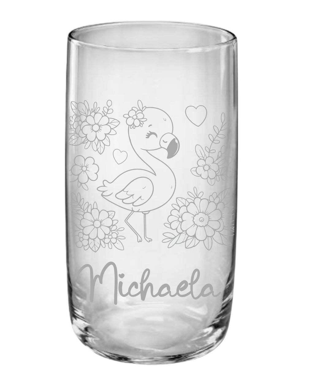 Flamingo Kinder Trinkglas mit Gravur, personalisiert mit Namen oder Wunschtext, 3 versch. Glasformen,  Geschenk für Flamingofans, Art.Nr.F1