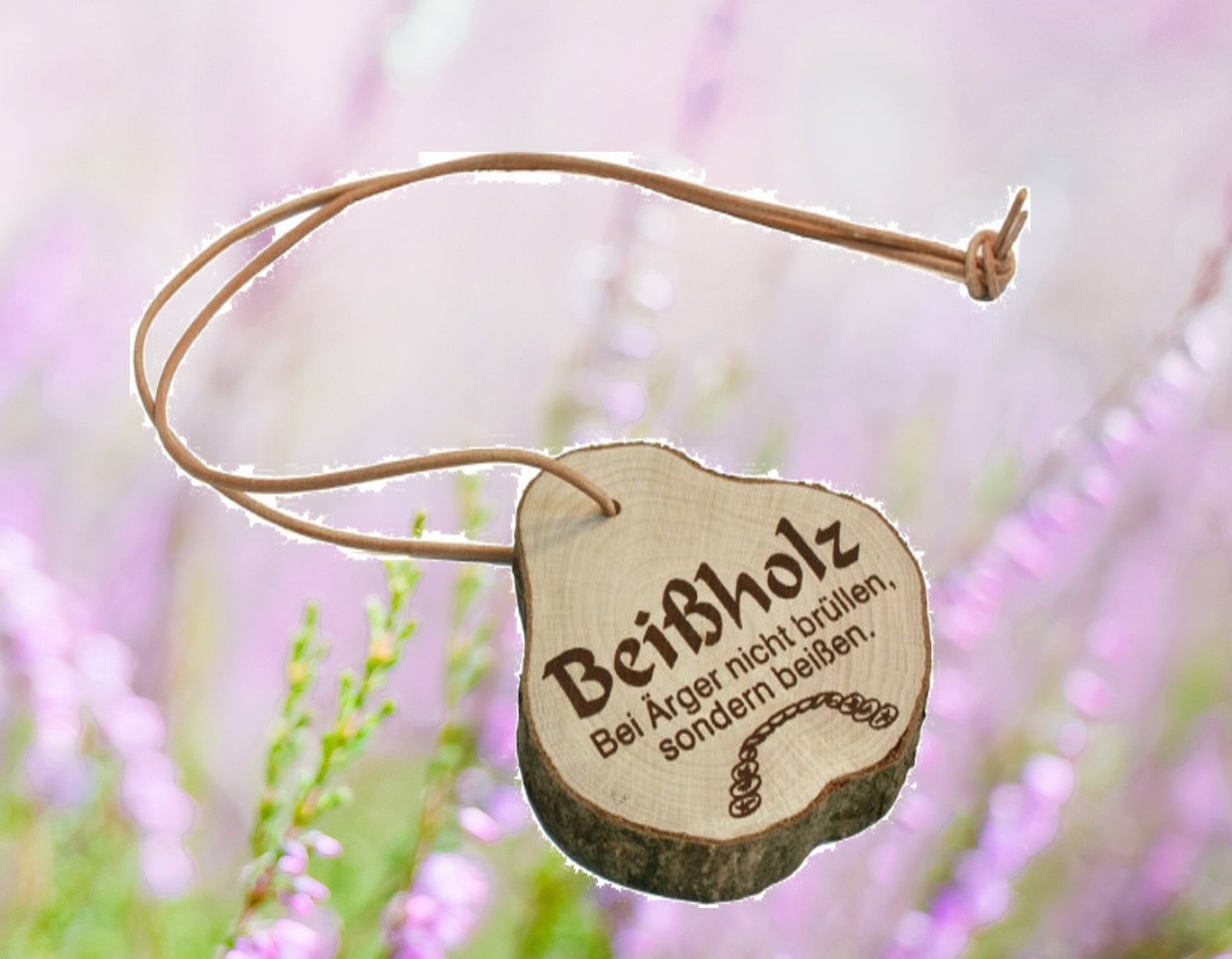 Lustiges Geschenk Beissholz, Nicht ärgern, sondern beissen, mit Lederband, auch für unterwegs
